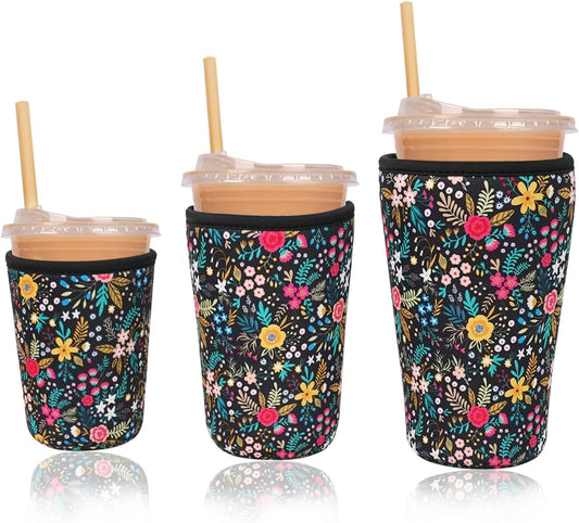 Reusable Insulated Neoprene Iced Coffee Cup Sleeve, Durable Drink Sleeve for Cold Beverages, Beverage Holder for Iced Coffee, Lush Blossom
