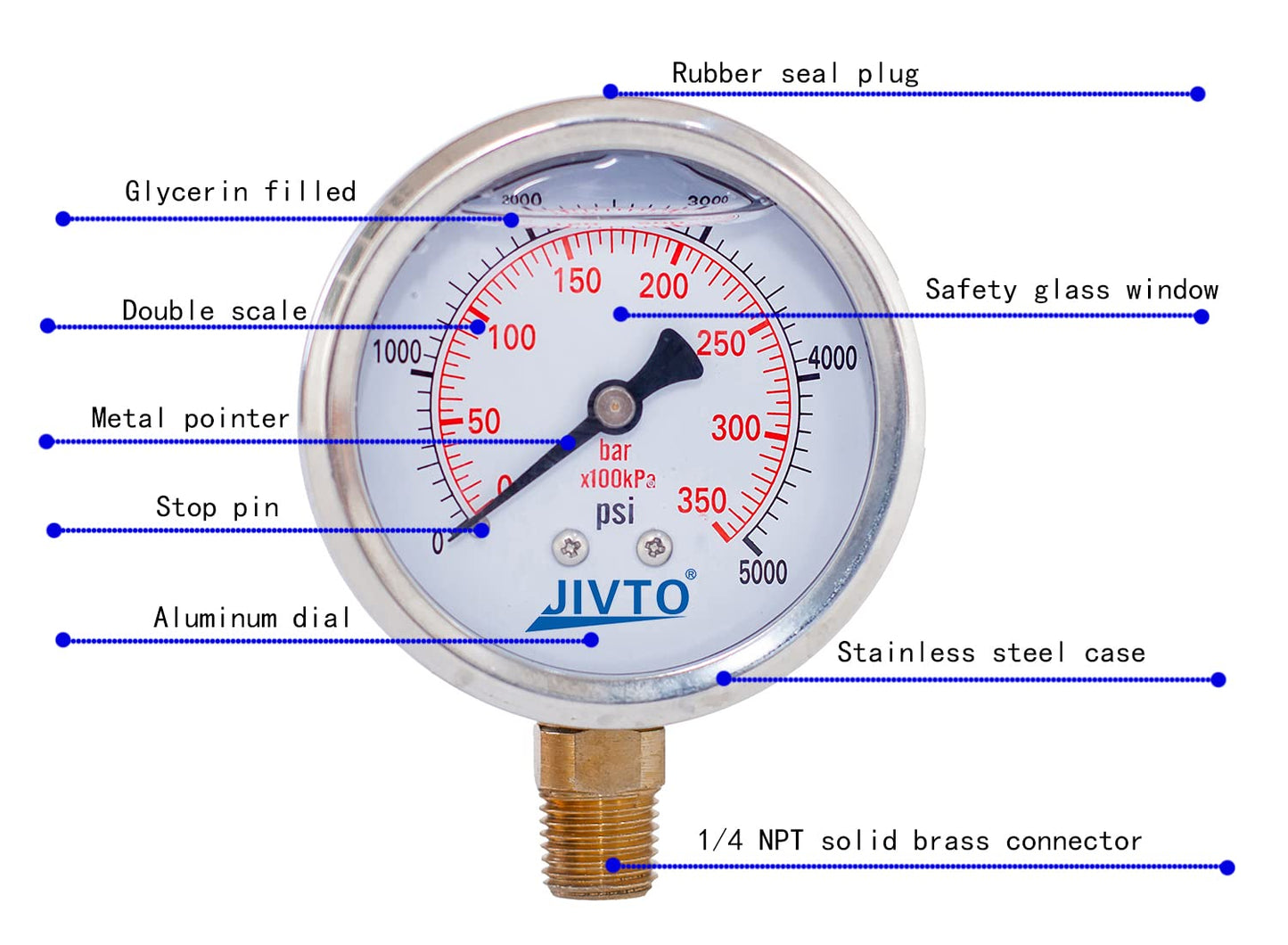 Pressure Gauge,Glycerin Liquid Filled,2.5" Dual Scale Dia,0-5000 psi/bar/kpa,1/4" NPT Male Brass Connection,Lower Mount, Stainless Steel Case,for Pneumatic,Pump,Hose,Well Tank,Gas Air Water Oil