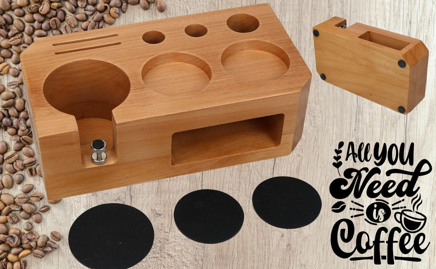 Espresso Tamping Station With Tools - 58mm - Includes Coffee Tamper, Distributor, Dosing Funnel & Brush - Wooden Coffee Tamper Station - Espresso Organizer & Portafilter Holder