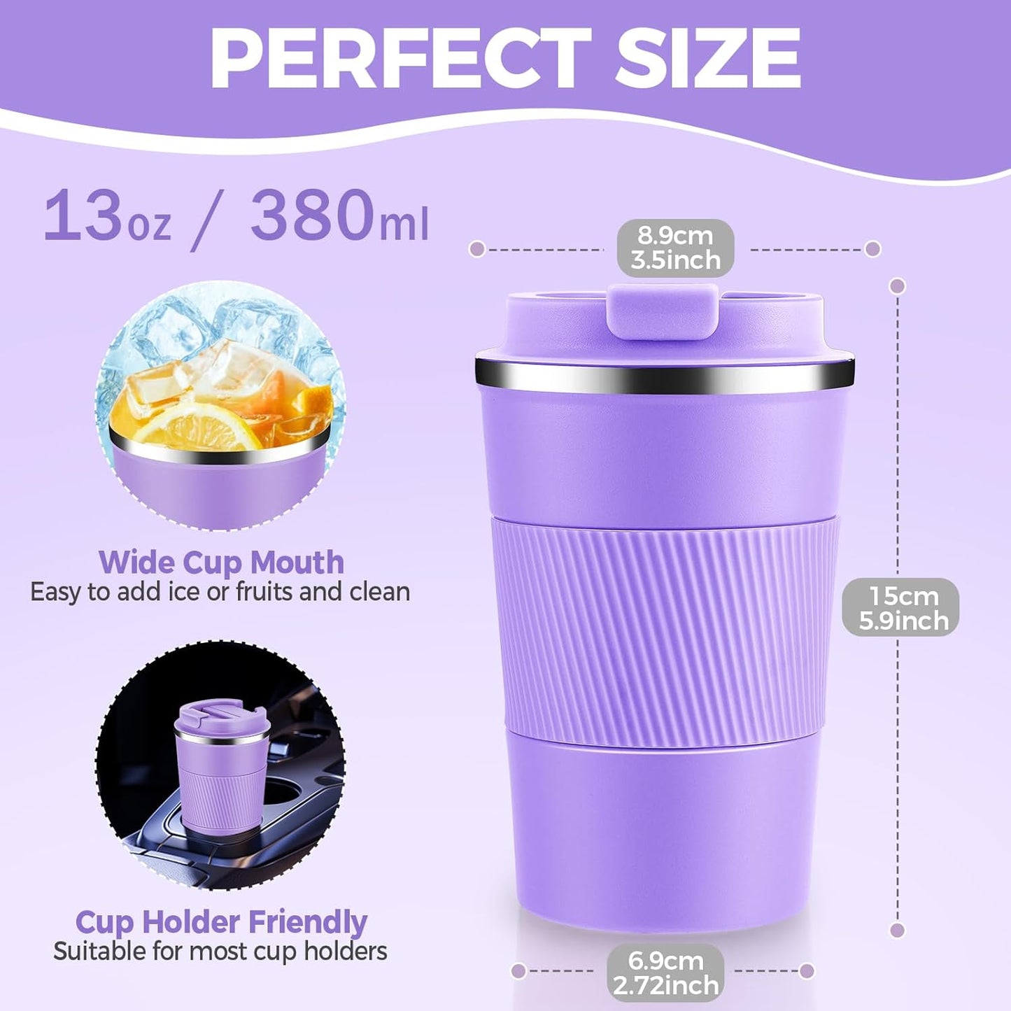 Volhoply 13 oz Stainless Steel Insulated Travel Coffee Mug with Fip Lid Bulk 8 Pack,Reusable Double Wall Vacuum Metal Coffee Cup,Portable Leak Proof Thermal Tumbler for Hot & Cold Drinks(Purple,8)