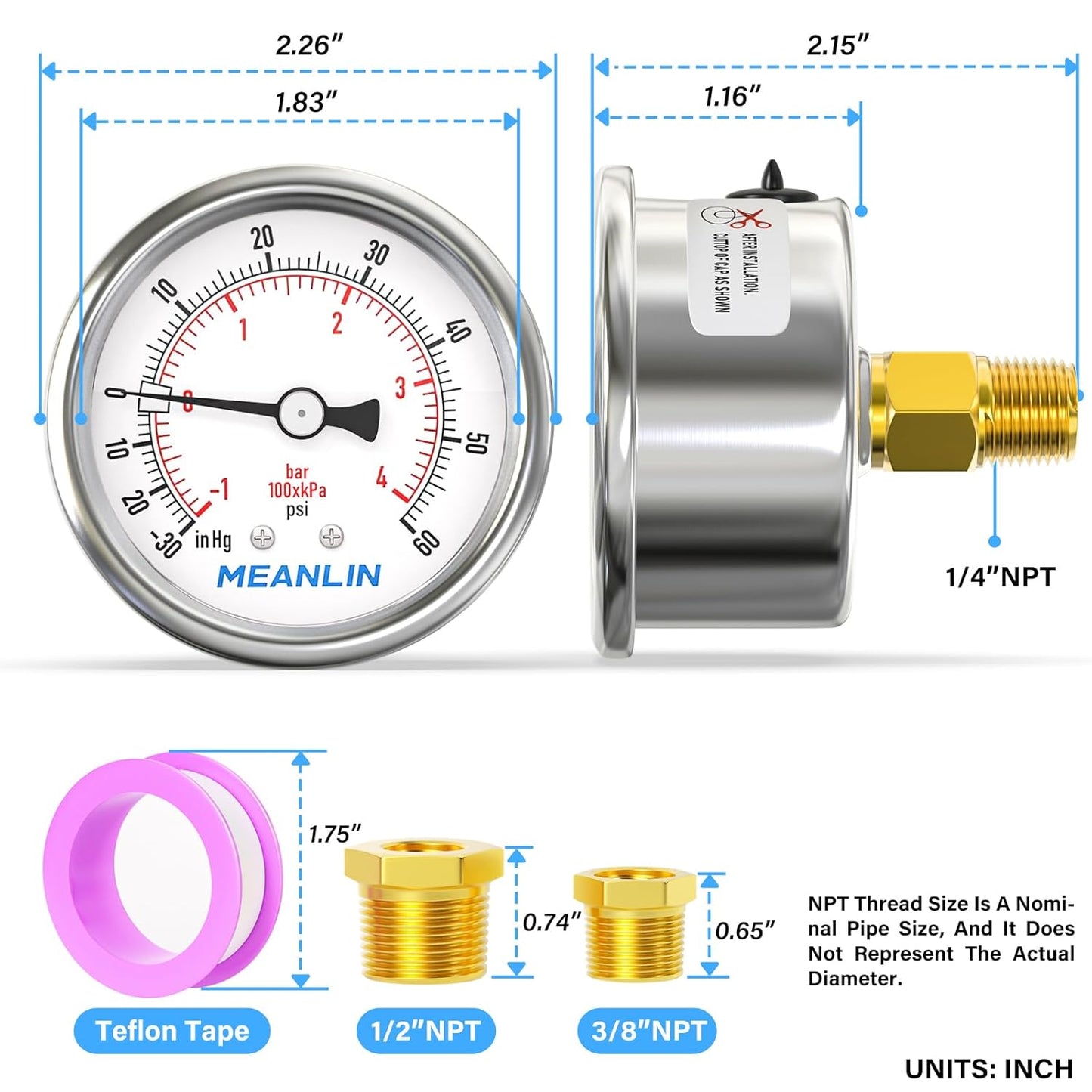 MEANLIN MEASURE -30inHG~60Psi Vacuum Gauge Stainless Steel 1/4" NPT 2" FACE DIAL Waterproof for Air Compressor HVAC Negative Pressure Hand Pump Pool Back Mount with 1/2" NPT and 3/8" NPT Hex Bushing