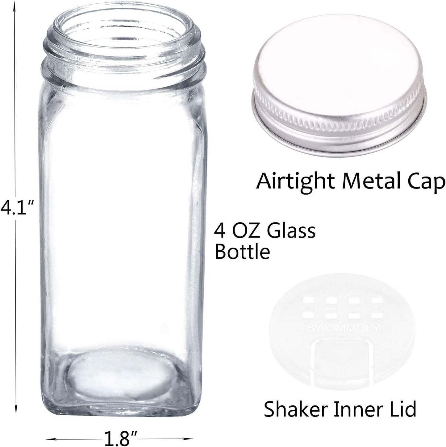 SWOMMOLY 42 Glass Spice Jars with 703 Spice Labels, Chalk Marker and Funnel Complete Set. 42 Square Glass Jars 4oz, Airtight Cap, Pour/sift Shaker Lid