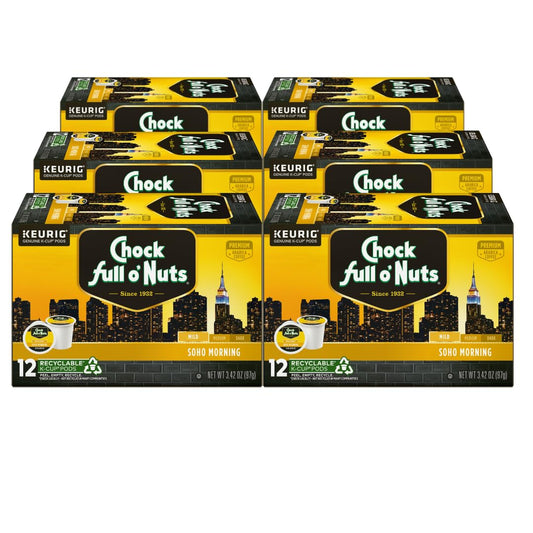Chock Full o'Nuts Soho Morning Coffee, Mild Roast, Compatible with K-Cup Pods, 12 CT (Pack of 6)