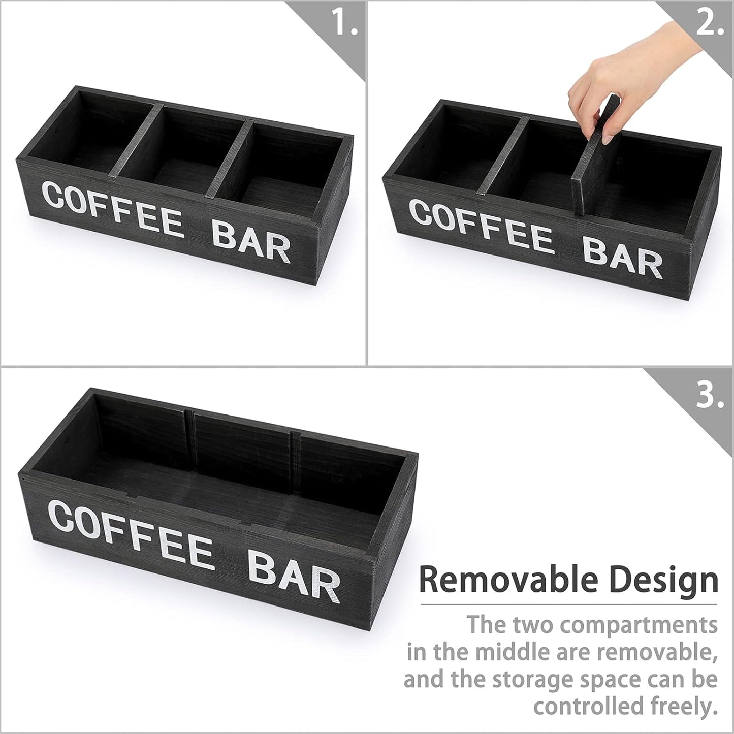 ELLDOO Coffee Bar Wooden Storage Box with Removable Grids, Station Organizer Pod Holder, Rustic Coffee Accessories for Counter, Farmhouse Kitchen, Black