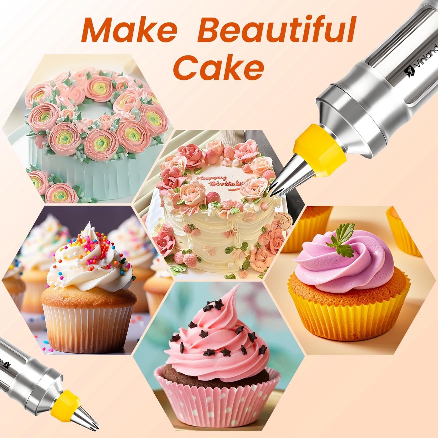 Dessert Decorating Syringe Set Icing Piping Kit Frosting Piping Kit Stainless Steels Cake Decorating Kit with 10 food grade stainless steel piping tips & 50 Disposable Piping Bags Yellow