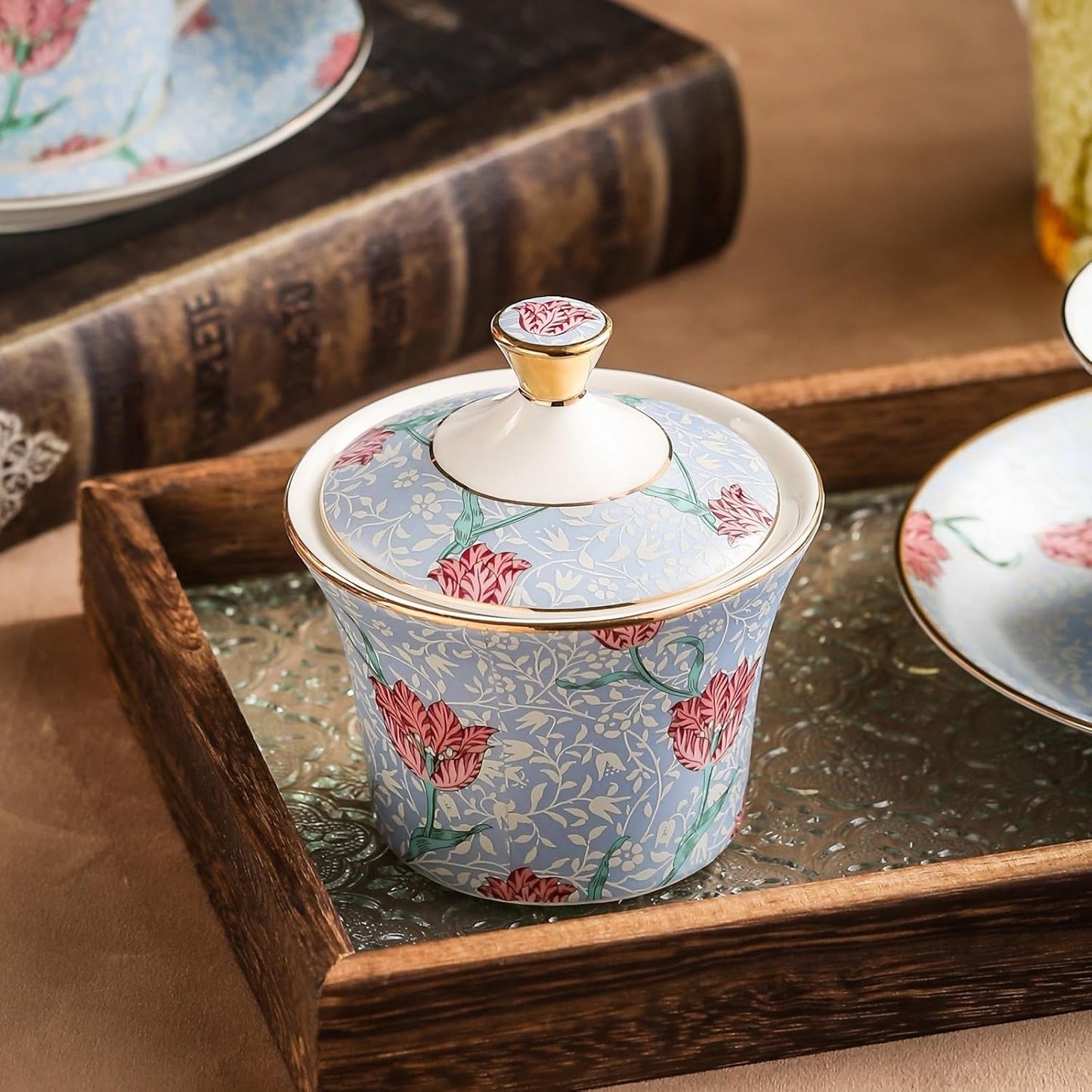 ACMLIFE Tea Set for Adults- Fine China Tea Set for 6, 21-Piece Vintage Coffee Set English Porcelain Tea Pot Sets for Adult Tea Party for Women Gift (Tulip Blue, Extra Large 21)