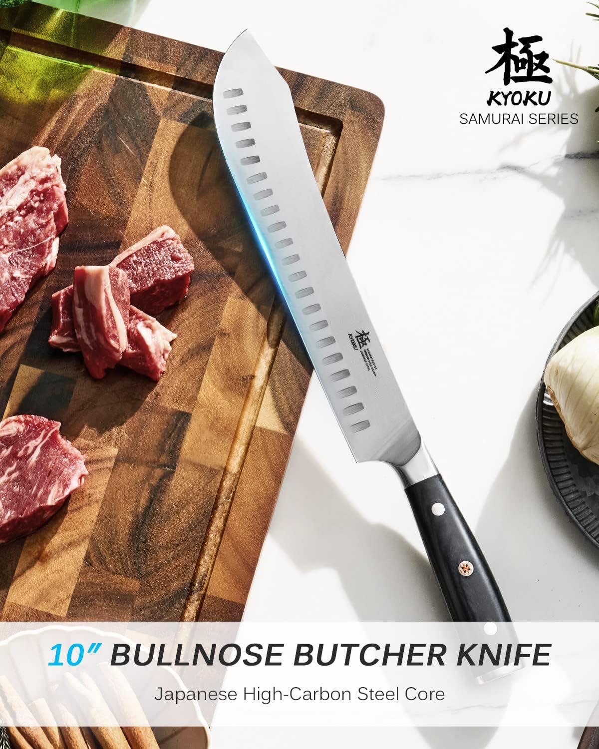 KYOKU 10" Bullnose Butcher Knife, Samurai Series Butcher Knife for Meat Cutting Chopping with Pakkawood Handle, Japanese High Carbon Steel Kitchen Knife for Professional Chef & Cook with Sheath & Case