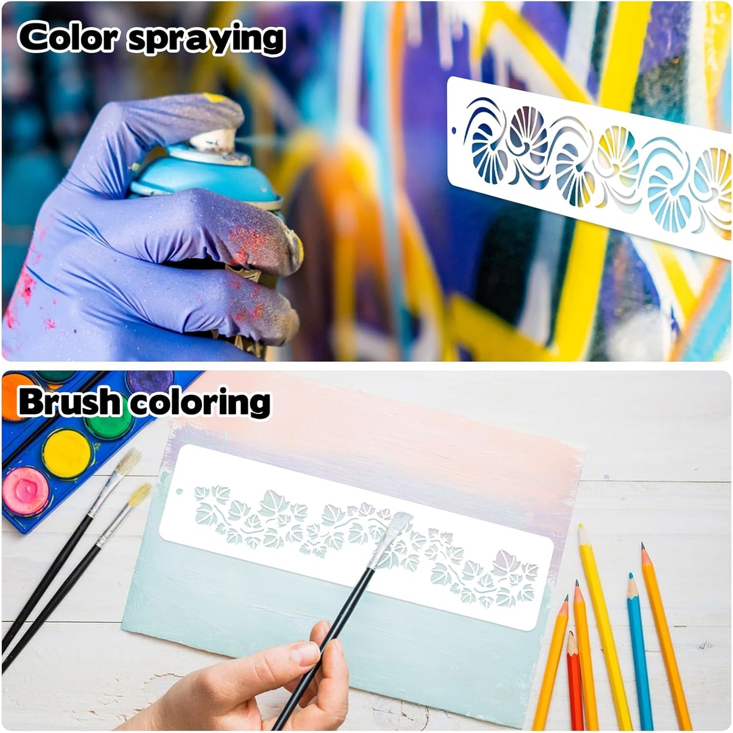 12 Pcs Large Flower Border Stencils for Painting, Reusable Plastic Floral Edge Baking Decorating Vine Stencil Tool, Painting Templates for DIY Cake Wood Wall Tile Furniture Canvas Craft, 3" x 11.8"