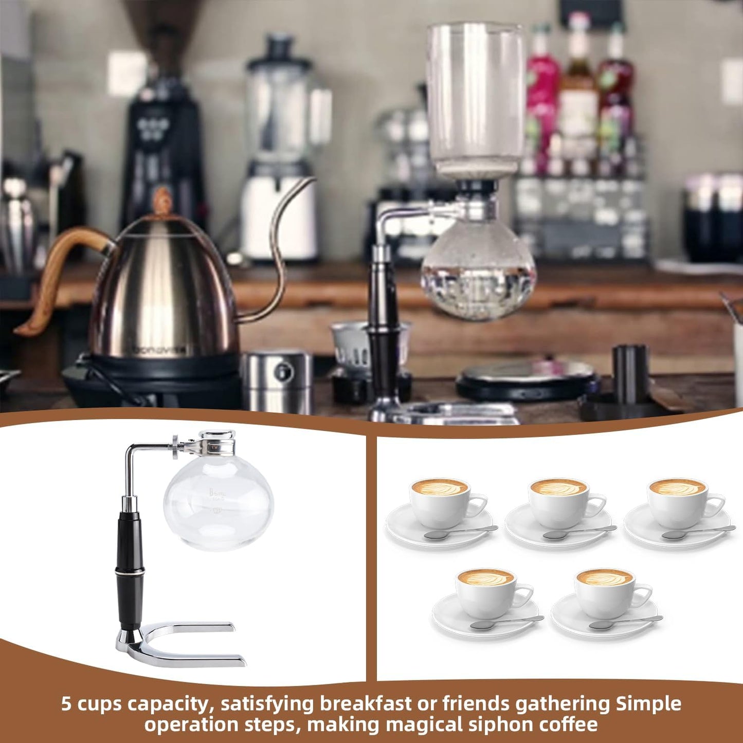 Amarine 5-Cup Tabletop Siphon Coffee Maker, 16 Ounce, Clear with Alcohol Burner (TCA-5)