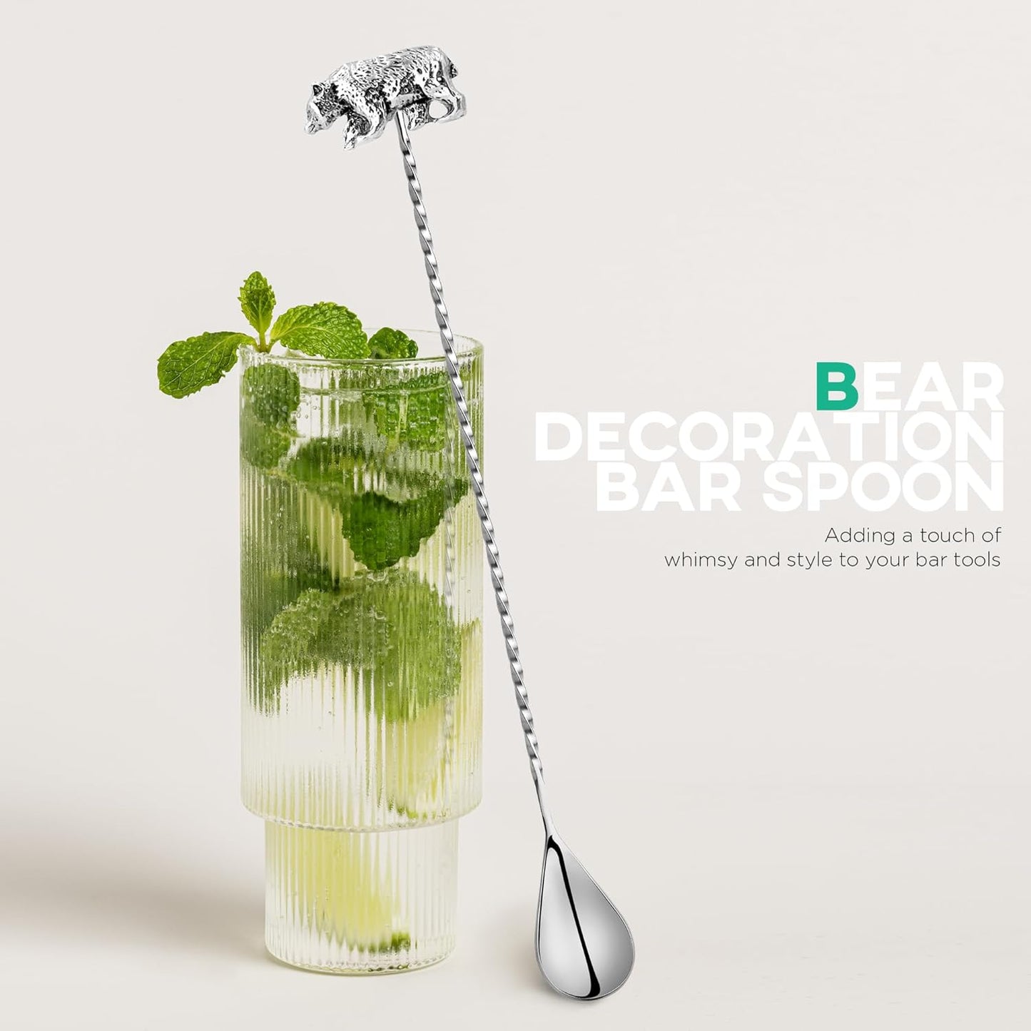 Homestia 2 Pcs Bar Spoon, 12 Inch Stainless Steel Cocktail Mixing Spoon, Long Handle Drink Mixing Spoons for Mixing Glass and Shaker, Cocktail Stirrer Sets with Leopard Bear End (Silver)