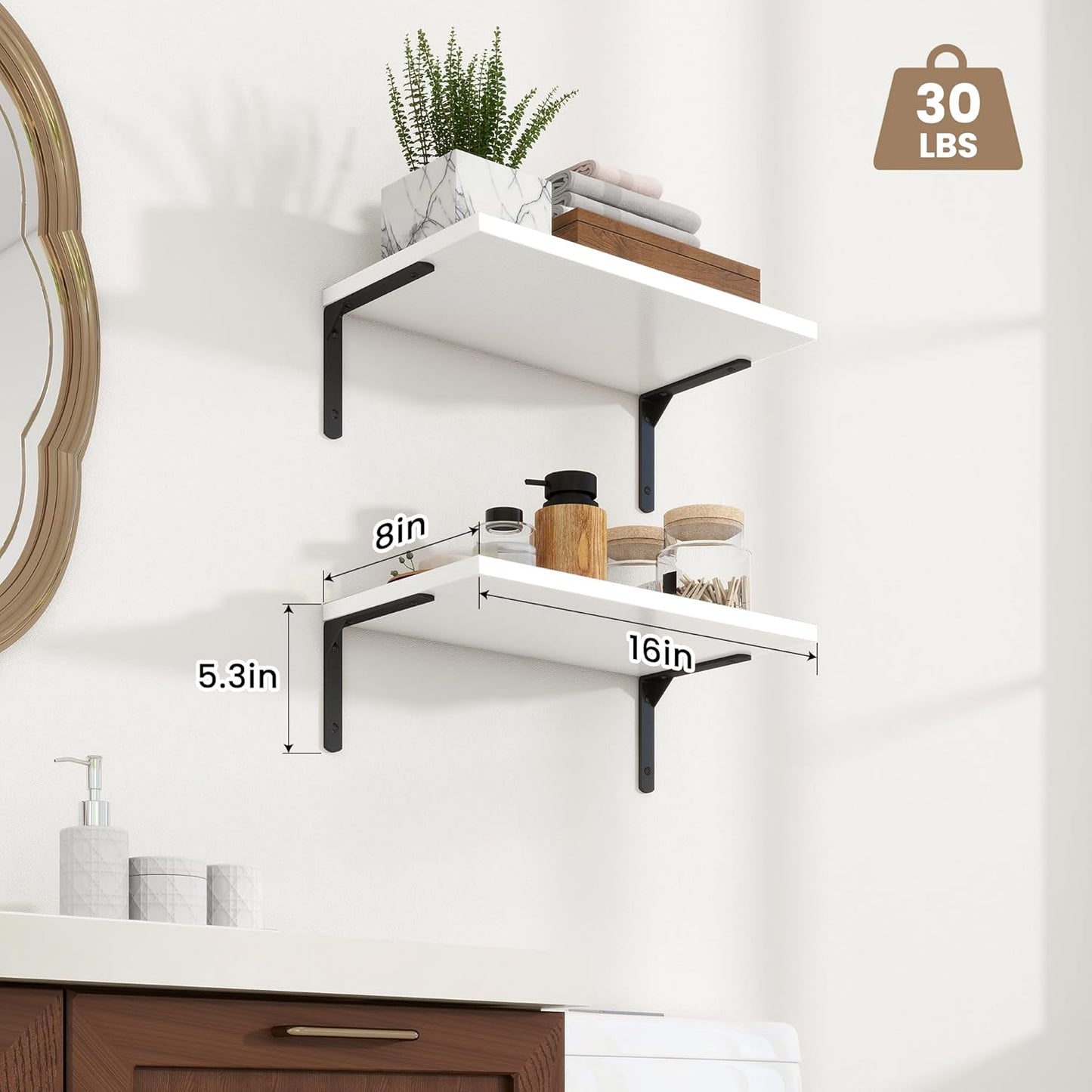 Fun Memories Deep Floating Shelves, 16W x 8D Floating Shelves Set of 2, Wall Mounted Shelf with Metal Brackets, Rustic Wood Wall Shelf for Bathroom, Kitchen and Living Room, White