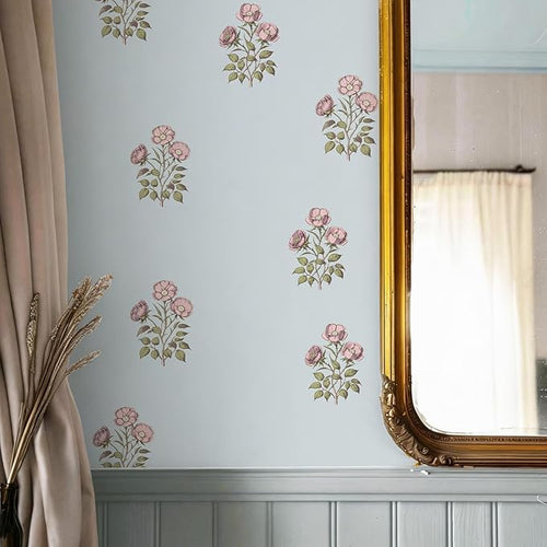 17.3" x 196.8" Vintage Blue Floral Wallpaper Peel and Stick Boho Wallpaper by LUKUUI