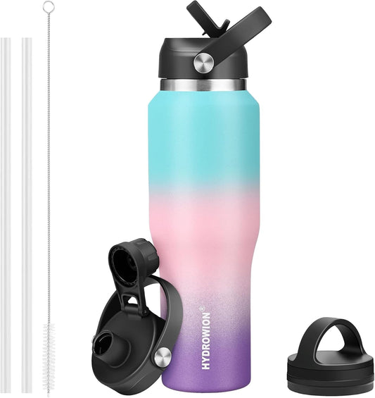 40 oz Insulated Water Bottle with Straw fit in Car Cup Holder(Cold 48 hrs, Hot 24 hrs) Drinking Bottle with Straw Lid, Spout Lid and Flex Cap Leakproof Travel Thermo Mug，Mint - Pink - Purple