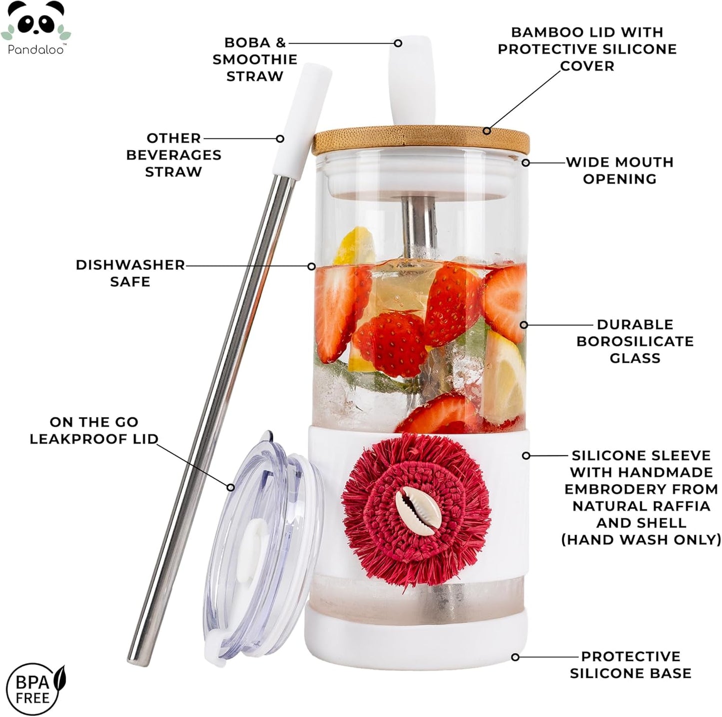 Pandaloo® Glass Cups With Lids and Straws -20 Fl Oz- Perfect Size Iced Coffee Cup - Smoothie Cup With Bamboo Lid and On the go Lid (Ethnic chic-Fabulous Fez, 1 Count (Pack of 1))