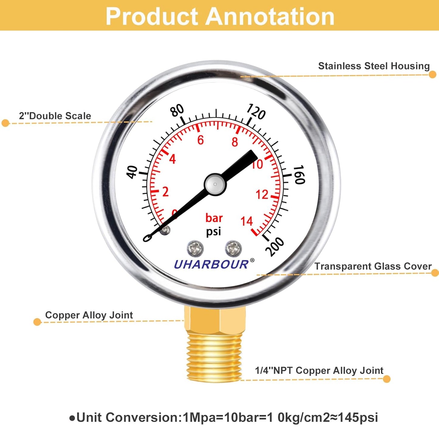 Lead-Free Pressure Gauge 1/4 NPT 0-200 Psi 2" Dial Stainless Steel Case, 1/4 NPT Lower Mount Pressure Gauge