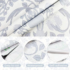 YXTII 17.3"×236.2" Blue Floral Peel and Stick Wallpaper, Damask Boho Wall Paper - Image 2