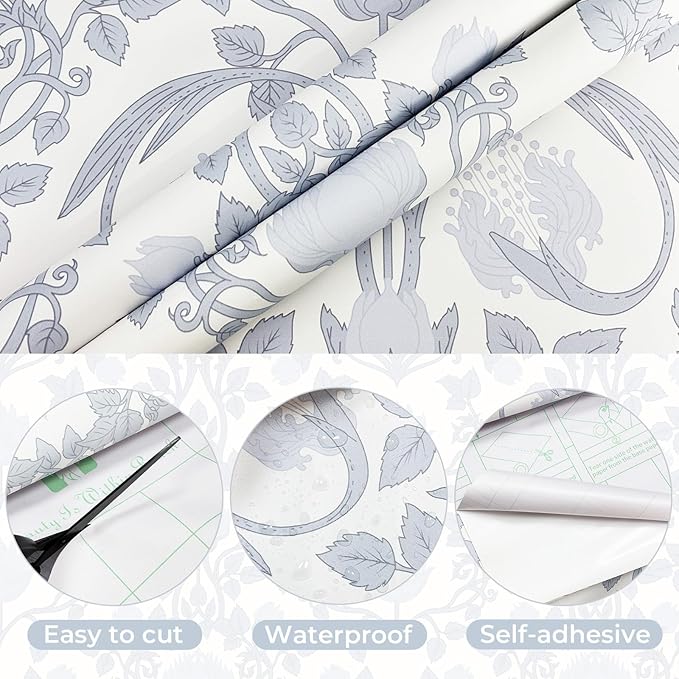 YXTII 17.3" × 393.7" Blue Floral Peel and Stick Wallpaper, Damask Vintage - Image 2