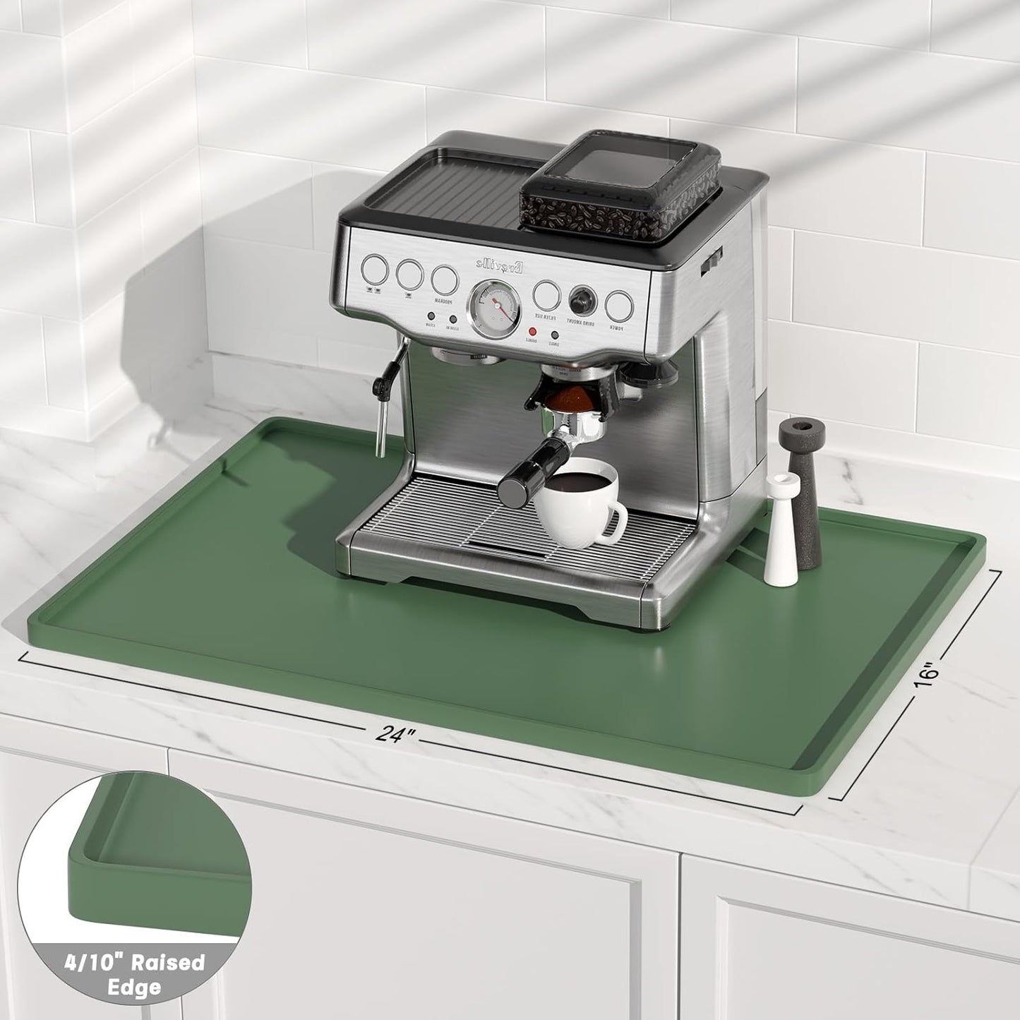 Rnivvi Silicone Coffee Mat, 16" x 24" Waterproof Raised Edge Coffee Bar Mats for Espresso Machine Station Accessories, Heat Resistant Dish Drying Pad for Kitchen Counter, Rubber Bar Decor Pad, Green