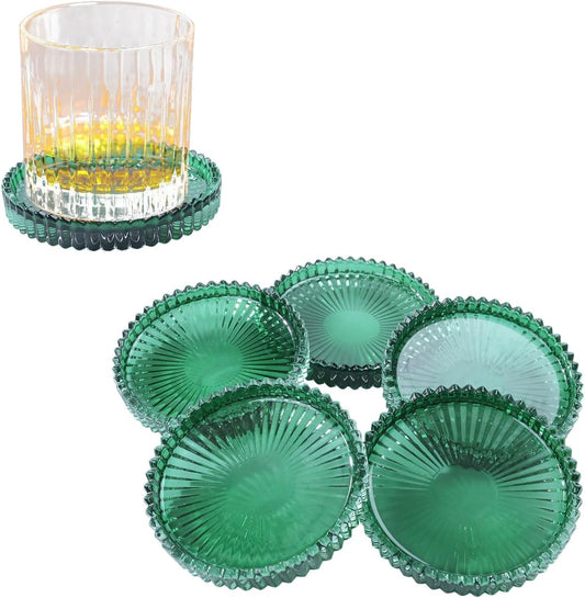 Glass Coaster 6 Pack Round Cup Coasters for Drinks,Crystal Coffee Coaster,Stylish Drink Coasters for Kitchen Bar Dining Room Living Room Office Decor and Jewelry Storage,Green