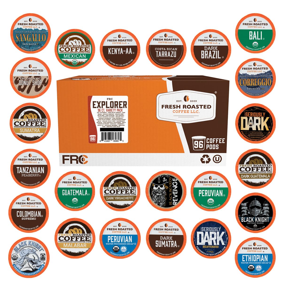 Fresh Roasted Coffee, Explorer Variety Pack, K-Cup Compatible, 96 Pods