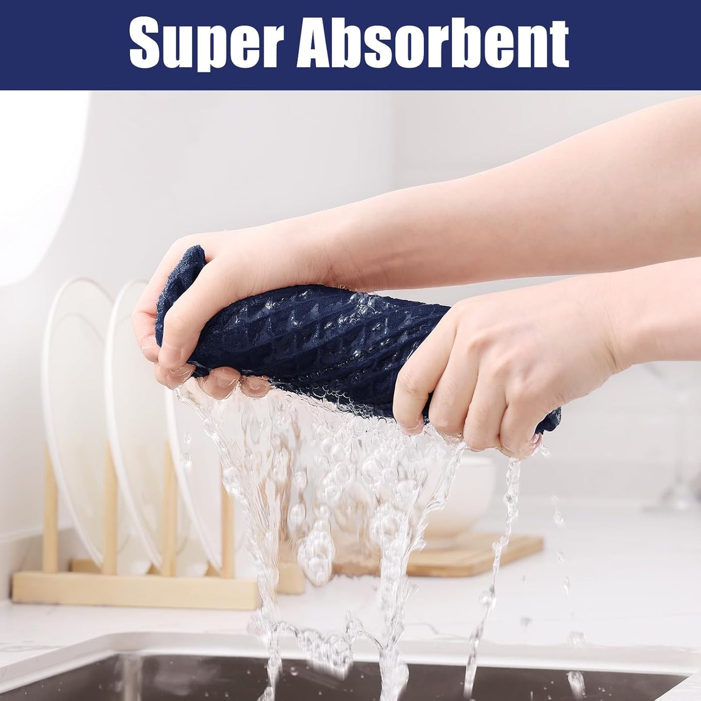 Homaxy Microfiber Waffle Weave Kitchen Towels, 16 x 28 Inch Ultra Absorbent and Solid Color Dish Towels, 8 Pack, Navy Blue