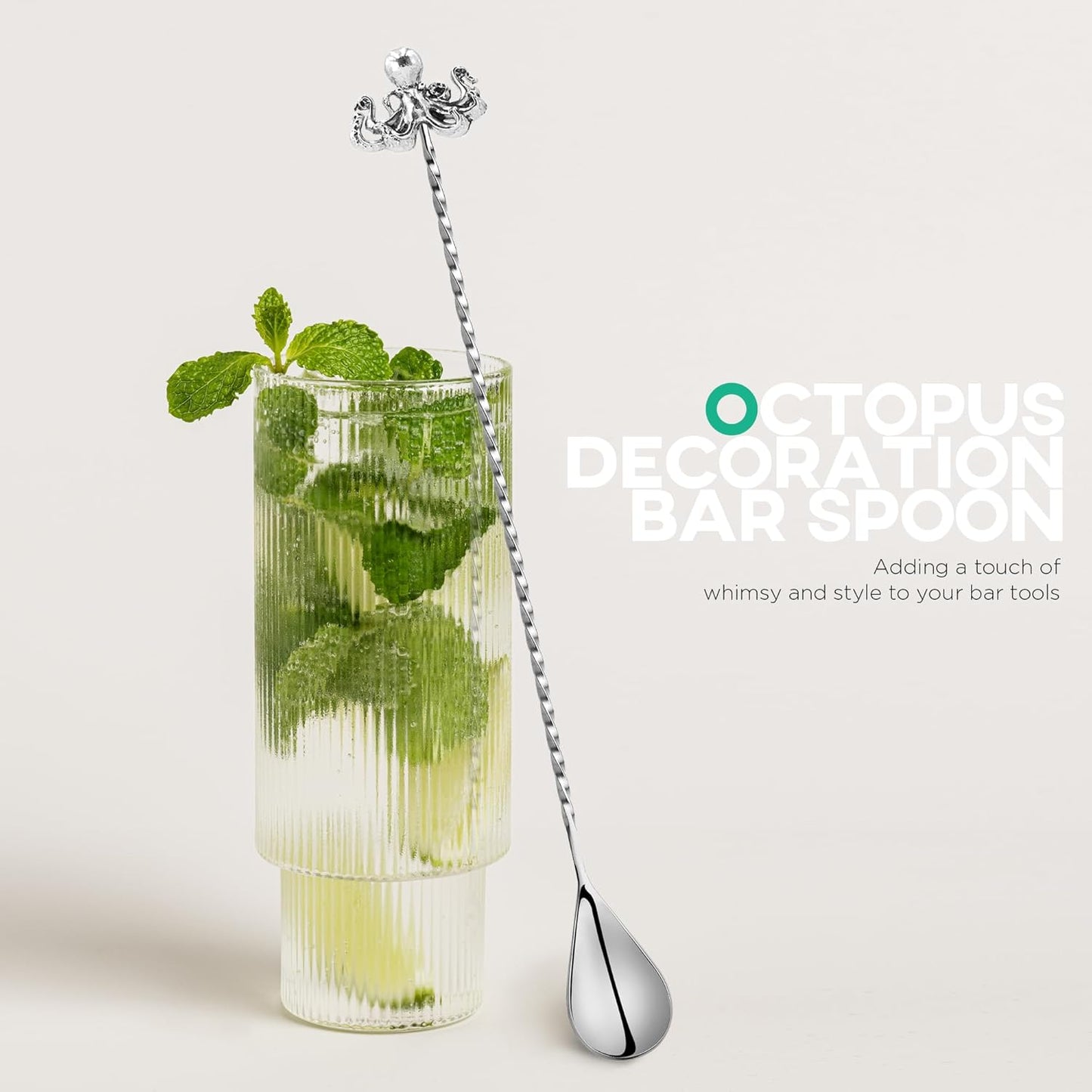 Homestia Cocktail Spoon Bar Stirring Spoon Long Handle Stainless Steel Spiral Pattern Cocktail Mixing Shaker Tool, 12'' Bar Spoons for Professional Home Use Weighted Octopus Seahorse End (Set of 2)