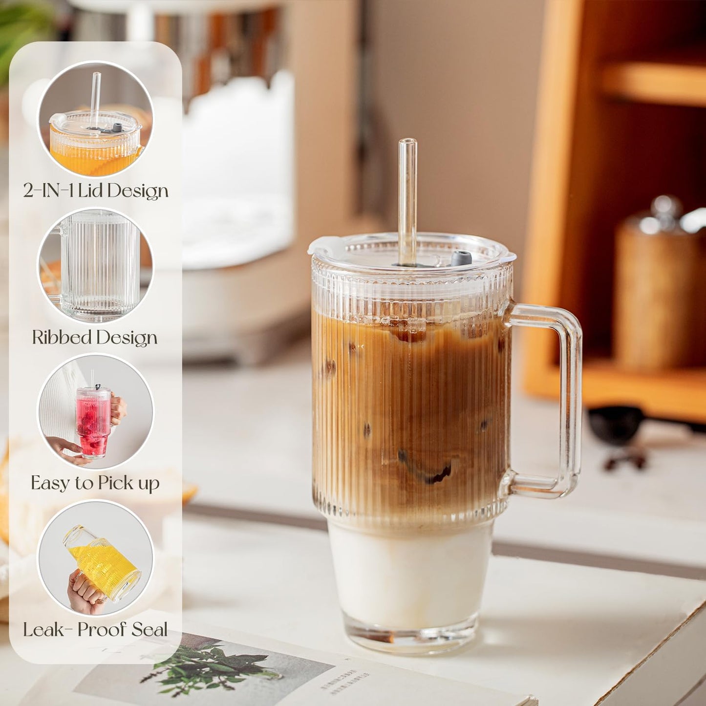 KEMORELA 4PCS 24oz Ribbed Glass Tumblers with Lids & Straws – Textured Handle Drinking Glasses for Iced Coffee, Smoothies, Cold Beverages – Reusable Clear Drinkware Set, Dishwasher Safe