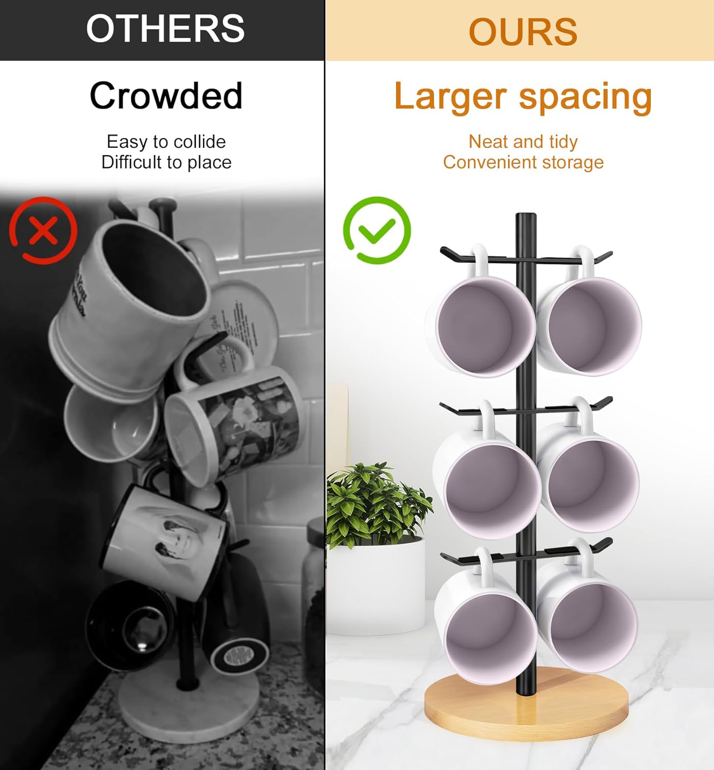 Coffee Cup Holder Tree, Mug Holder with 6 Hooks, Mug Tree for Counter, Metal Mug Rack, Coffee Mug Stand(Balck)