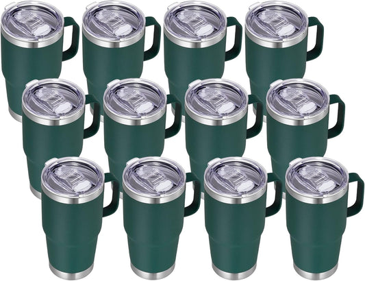 VEGOND 20 oz Tumbler Bulk with Handle Lid and Straw, Stainless Steel Insulated Travel Coffee Mug Set, Spill Proof Double Wall Metal Tumblers Cups, Dark Green 12 Pack