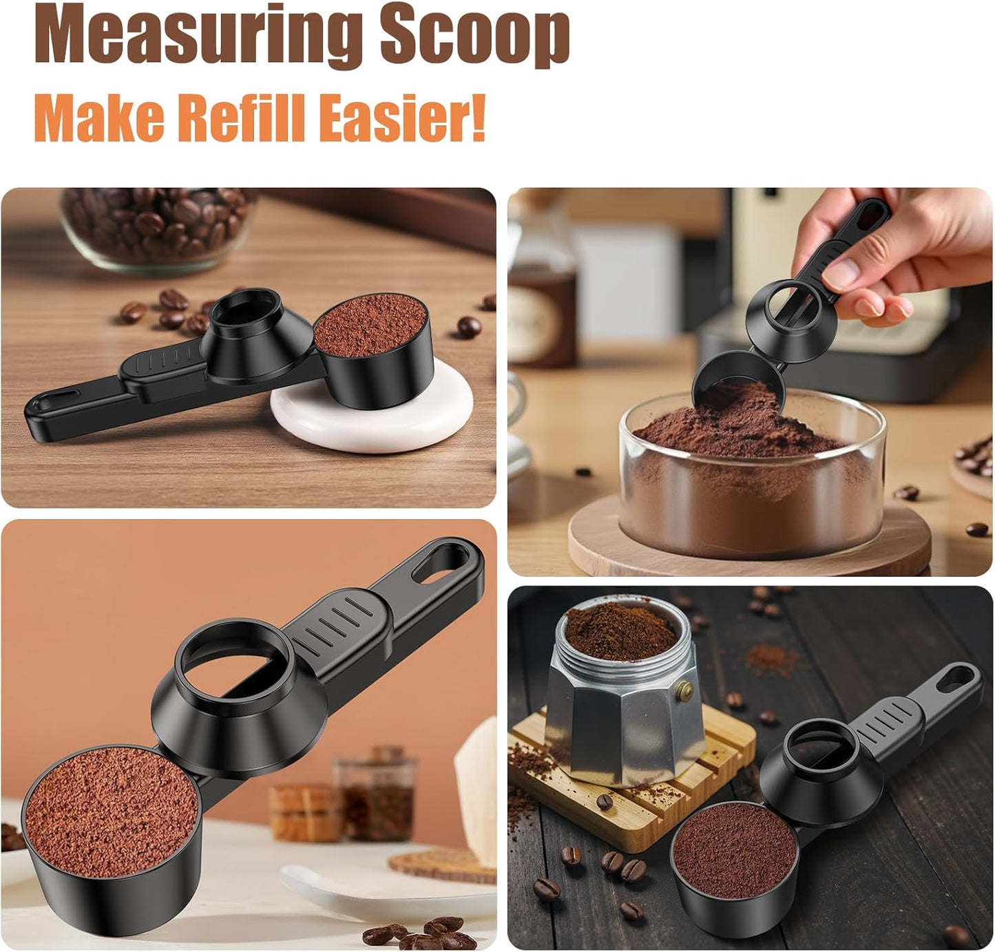 CAPMESSO Coffee Scoop & Funnel for Reusable K Cup Refillable Coffee Pods: 2 Tablespoon Coffee Measuring Scoop - Easy Slide Scoop for Ground Coffee, Protein Powder, Tea without Spilling (2 Pack)