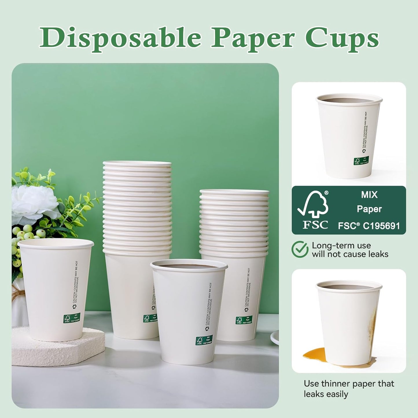 LITOPAK 200 Pack 12 oz Disposable Paper Coffee Cups, White FSC Hot Coffee Cups for Multiple Drinks for Office, Store, Home