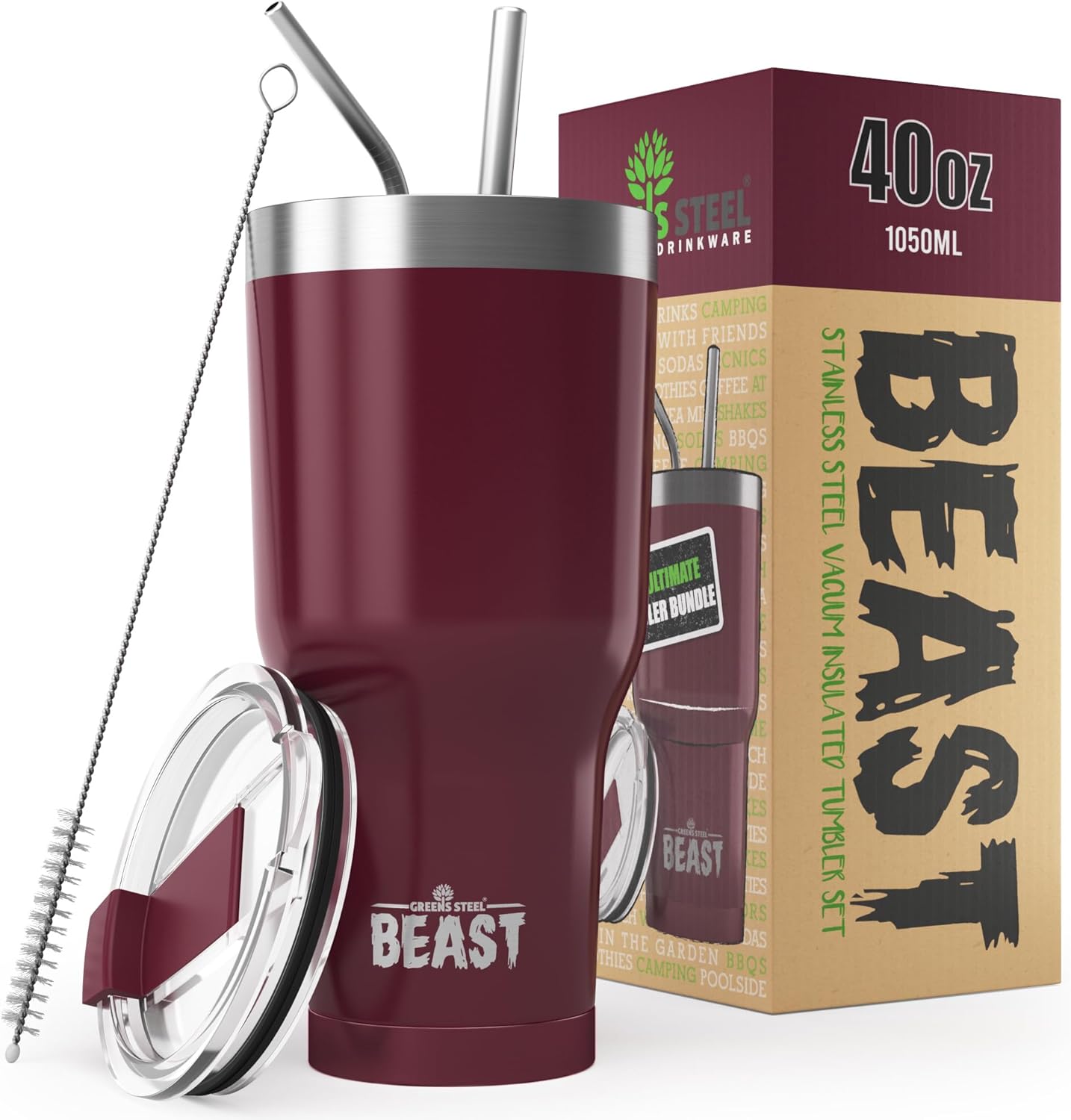 Beast 40 oz Tumbler Stainless Steel Vacuum Insulated Coffee Ice Cup Double Wall Travel Flask (Cranberry Red)