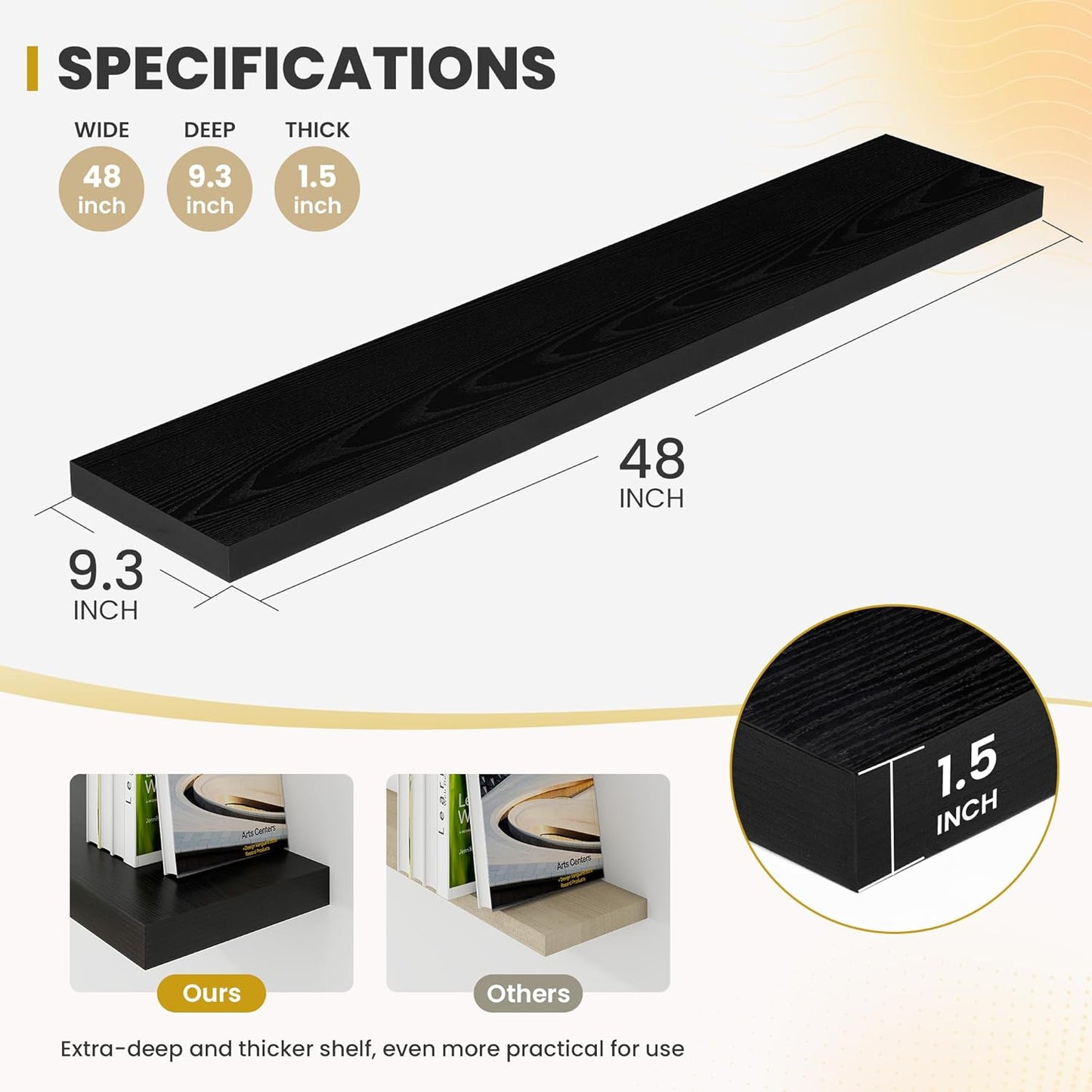 48 Inch Floating Shelves, 9.3" Deep Floating Shelf Wall Mounted, 48" Wall Shelves, Rustic Deep Bookshelf, Large Display Shelves & Storage Shelves for Bedroom, Living Room, Black, Set of 1