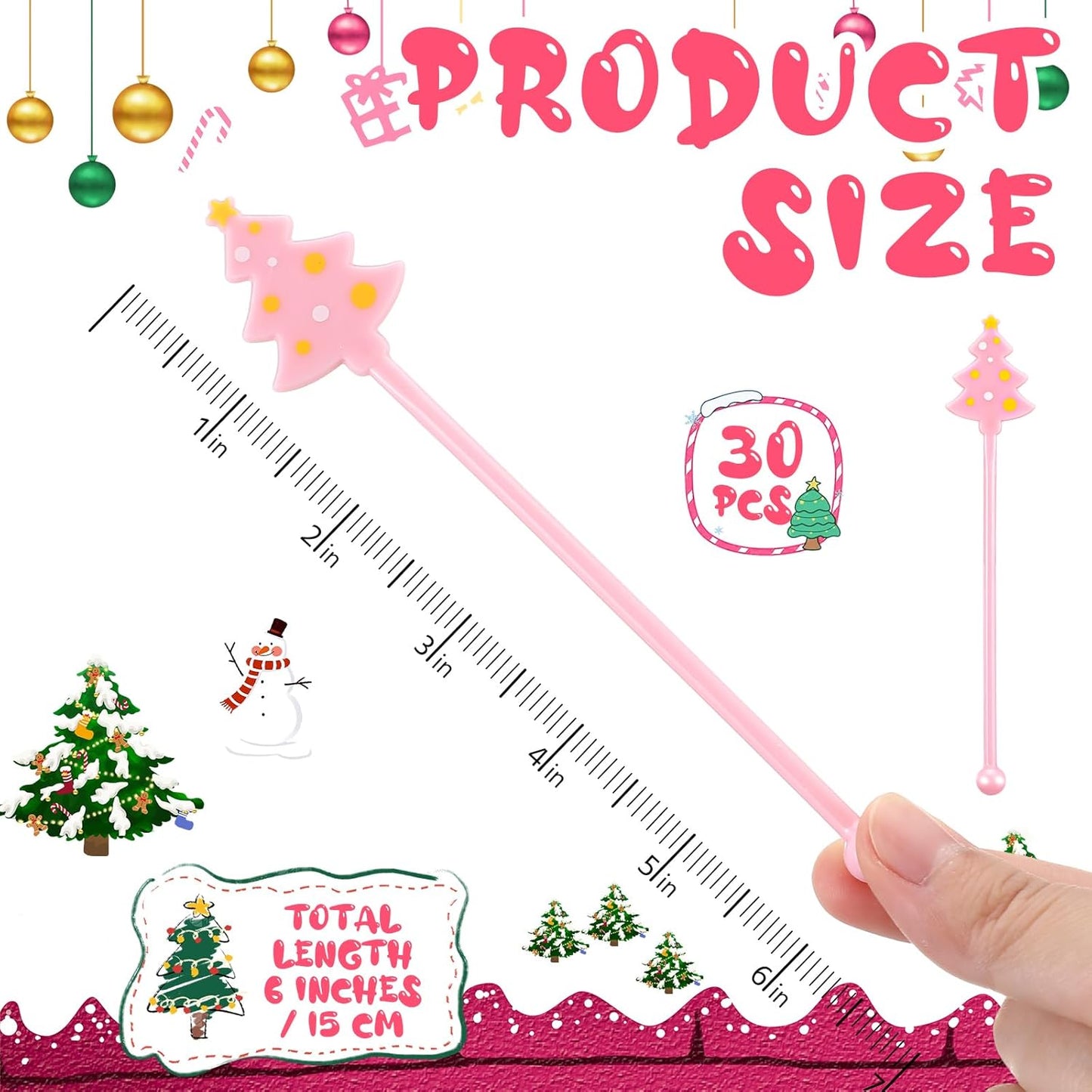 30 Pcs Christmas Drink Stirrers Xmas Stir Stick Holiday Coffee Swizzle Stick Reusable Plastic Hot Cocoa Bar Chocolate Decoration Cocktail Mixer(Christmas Tree,Pink Color)
