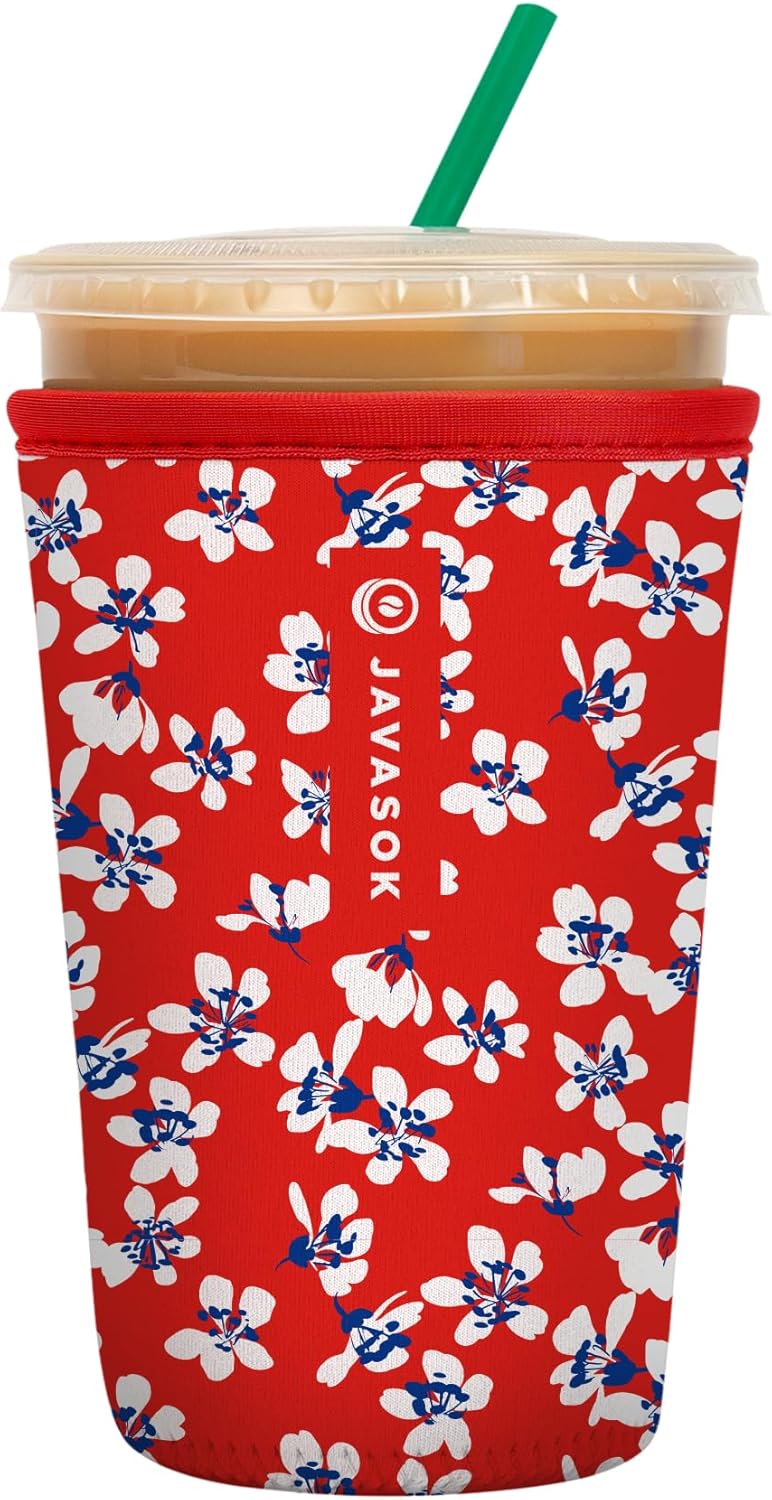 Sok It JavaSok Iced Coffee & Cold Soda Insulated Neoprene Cup Sleeve (Red White and Bloom, Medium: 22-28oz)