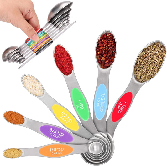 Magnetic Measuring Spoons Set - 7-Piece Stainless Steel Dual Sided Spoons with Leveler, Rustproof Nesting Design for Cooking, Baking & Medicine (US/Metric Markings, Dishwasher Safe)