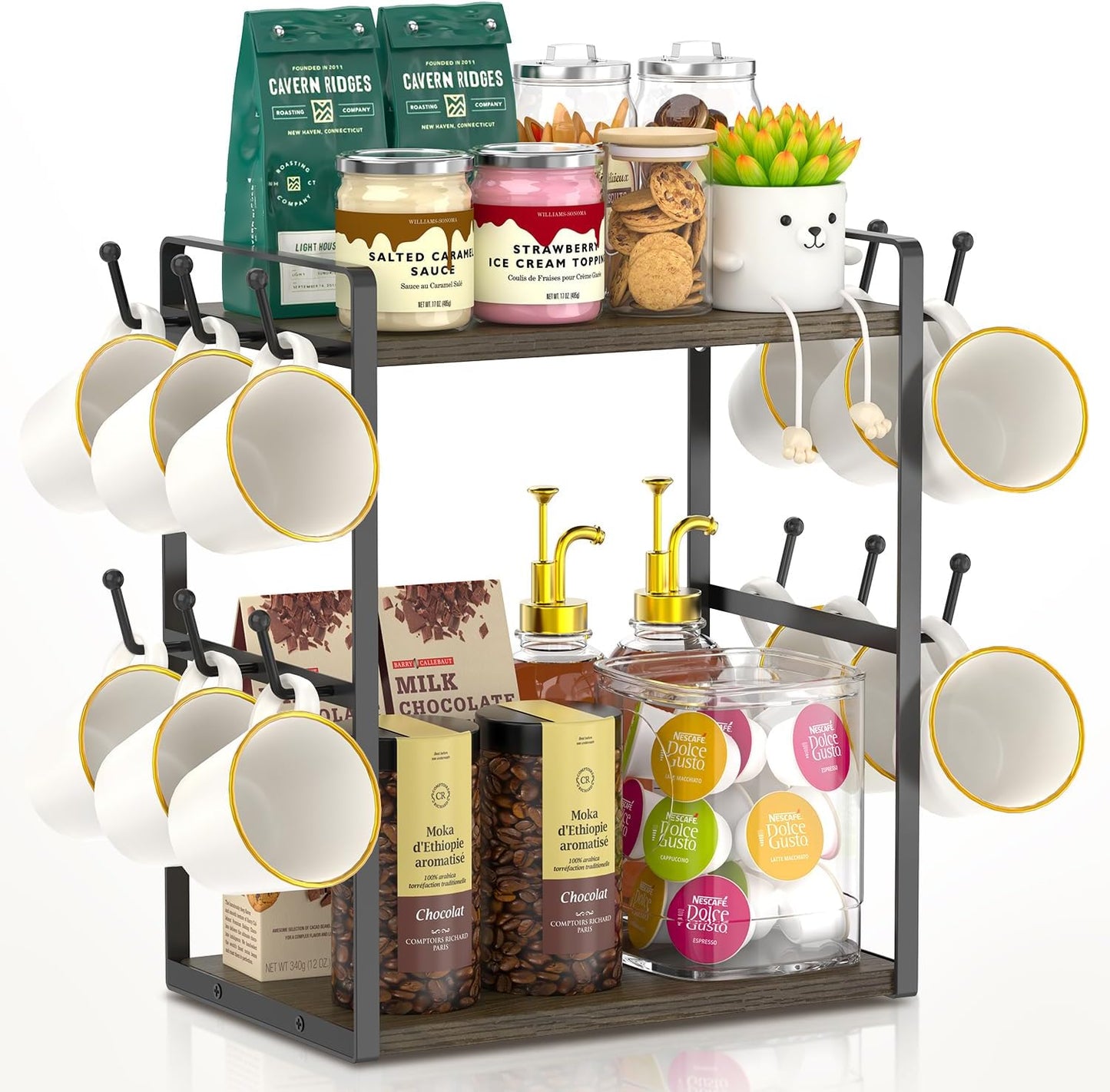 EsLuker.ly Coffee Station Bar Organizer Mug Holder Stand Countertop, 2 Tier Mug Cup Tree Rack for Kitchen Office, Storage Shelf with 12 Hooks, Creat Stylish Coffee Corner, Brown-Black