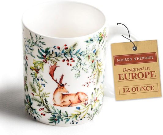 Maison d' Hermine Coffee Mug with Handles Fine Bone China Mugs Pack of One Tea Cups for Hot Beverages Cappuccino Latte Home Restaurant Office Perfect for Gift (Holly Time - Cerf, 12 Ounce)