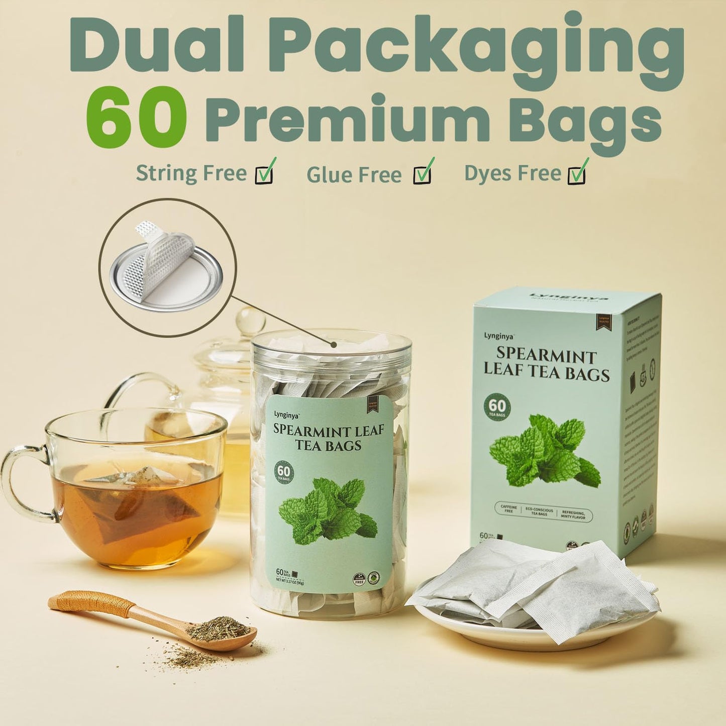 Lynginya Spearmint Tea, 60 Tea Bags - Premium Spearmint Leaves - Natural Herbal Tea - Refreshing & Minty - No Sugar & No Caffeine