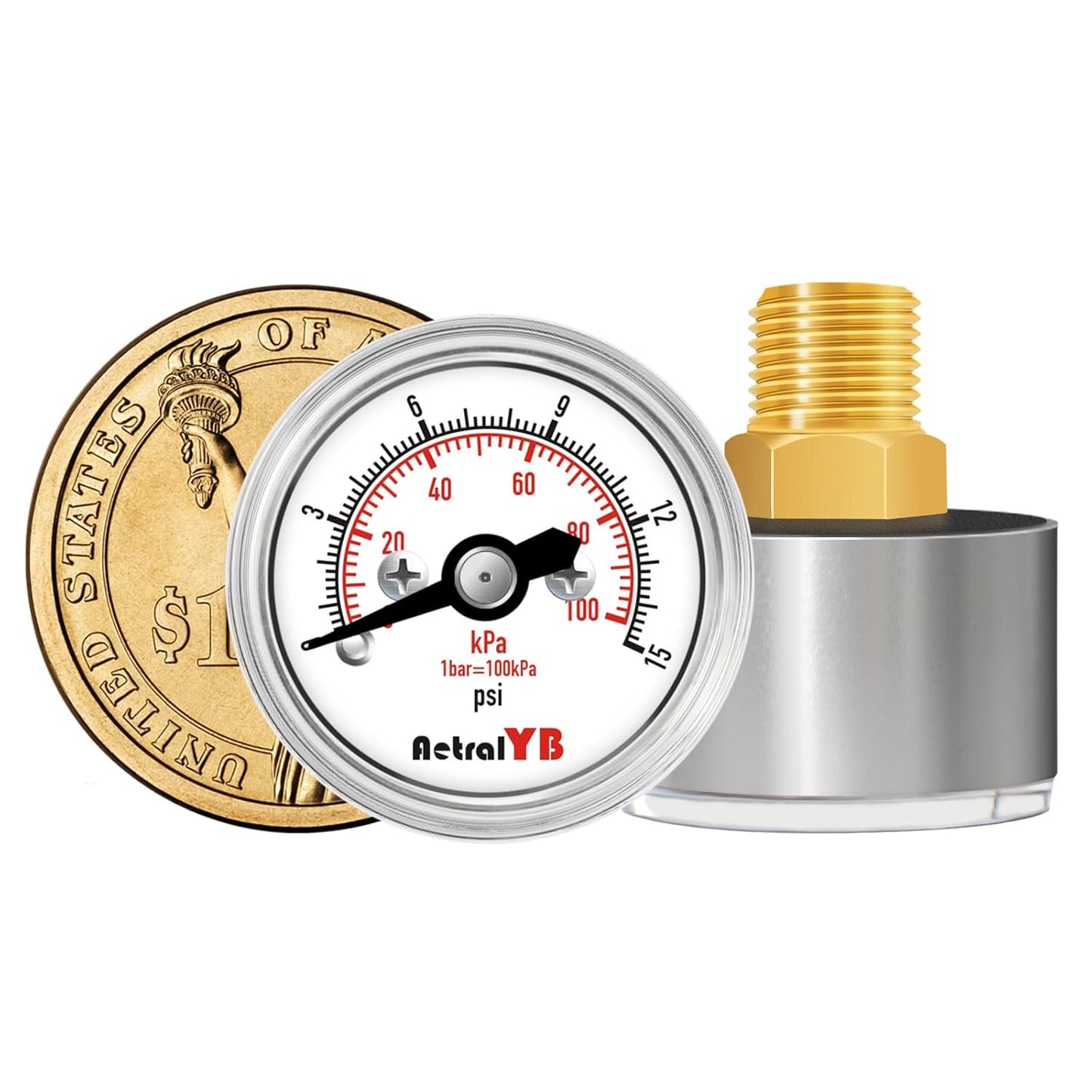 0-15 Psi Pressure Gauge, 1" Dial, 1/8 Npt Back Mount, Mini Air Gauge, 100kPa Air Pressure Gauge, Stainless Steel Case, for Water Pumps, Air Compressors Pressure Test
