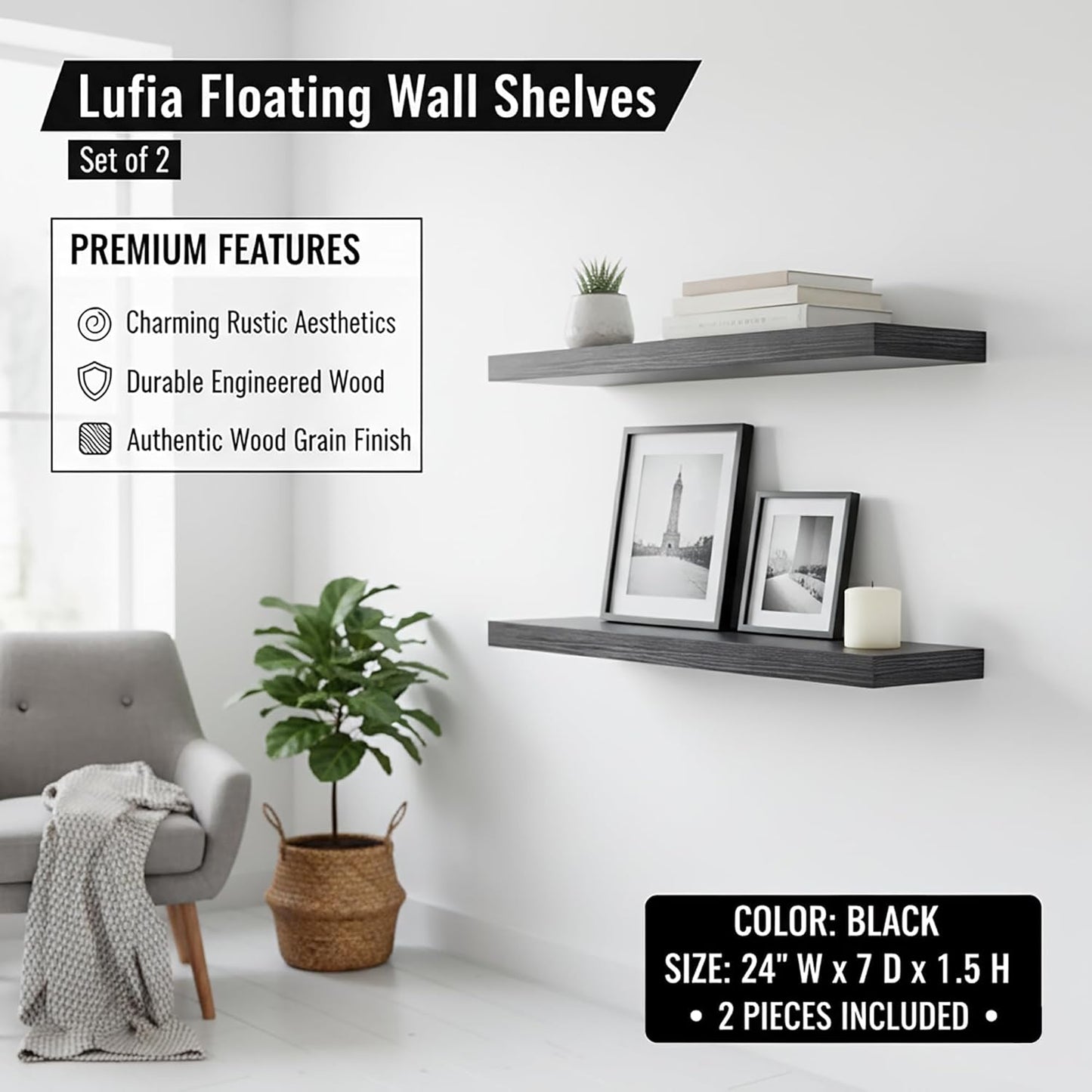 Lufia Floating Wall Shelves, Set of 2, MDF with Invisible Brackets, Modern Storage for Bedroom, Bathroom, Living Room, Kitchen (Black, 24" W x 7" D x 1.5" H)