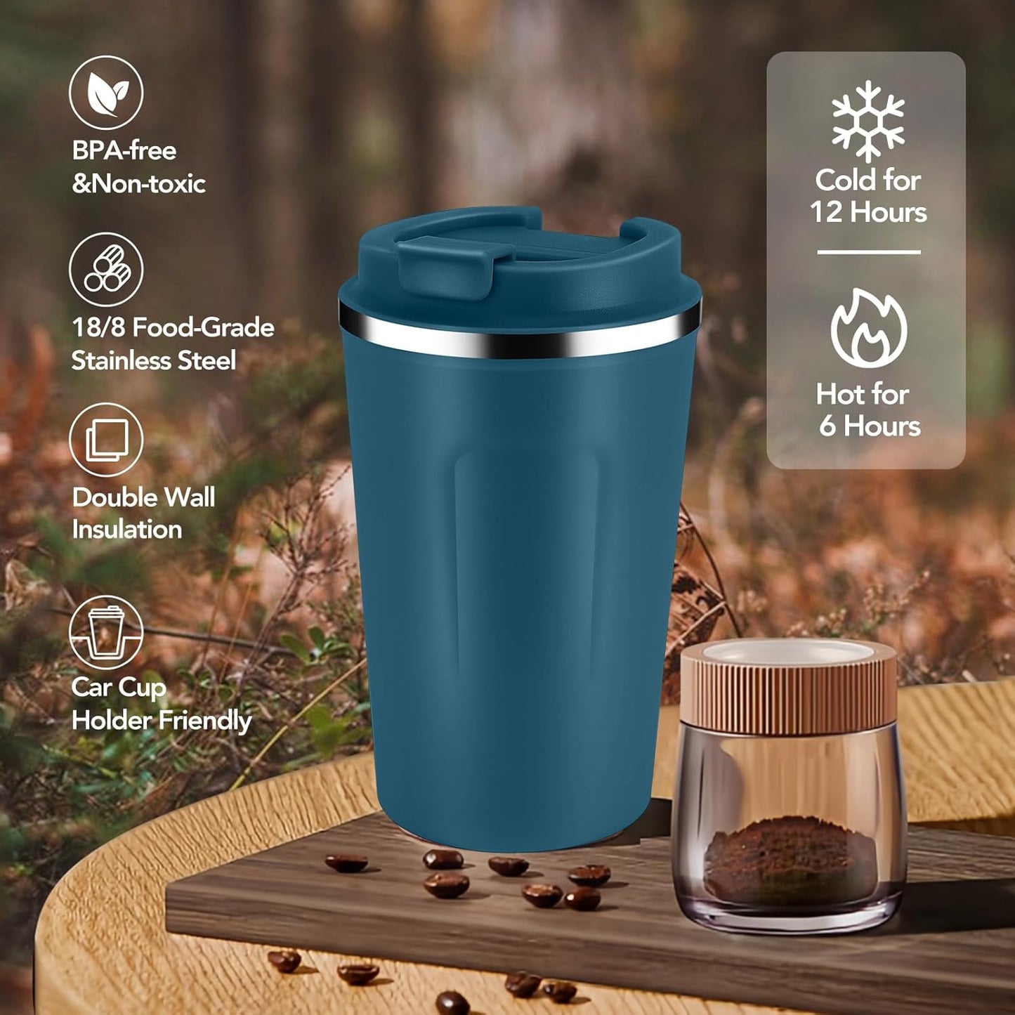 Volhoply 12 oz Double Wall Insulated Vacuum Travel Coffee Mug with Flip Lid,Reusable Stainless Steel Leak Proof Coffee Cup,Portable Iced Cafe Thermal Tumbler Suitable for Hot & Cold Drinks(Bule,1 Set)