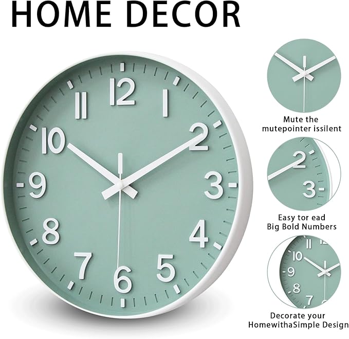 HZDHCLH Wall Clocks Battery Operated, Wall Clock Green, 10 inch Wall Clock - Image 3