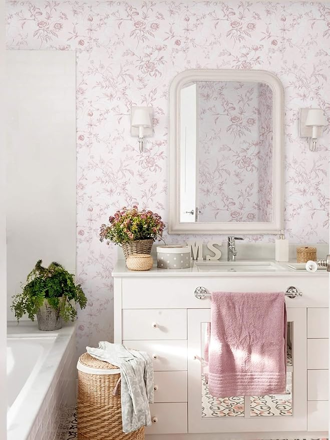 Ismoon Floral Peel and Stick Wallpaper Pink Stick on Wall Paper Vintage French - Image 5