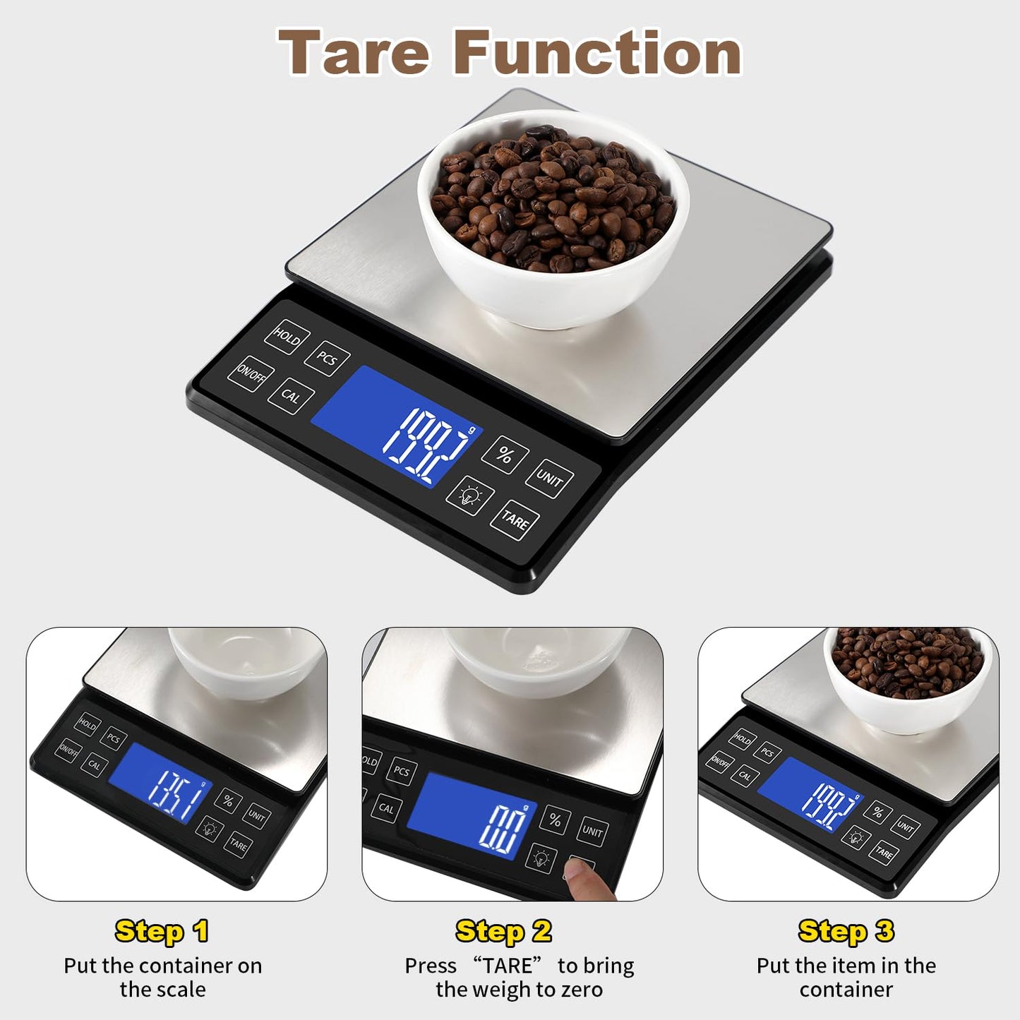 Digital Kitchen Scale with 0.1g/0.001oz High Precision, 5kg/11lb Food Bakery Scale with% Percentage Function, Tare Function, USB Rechargeable or AAA Battery Power, Stainless Steel Pan