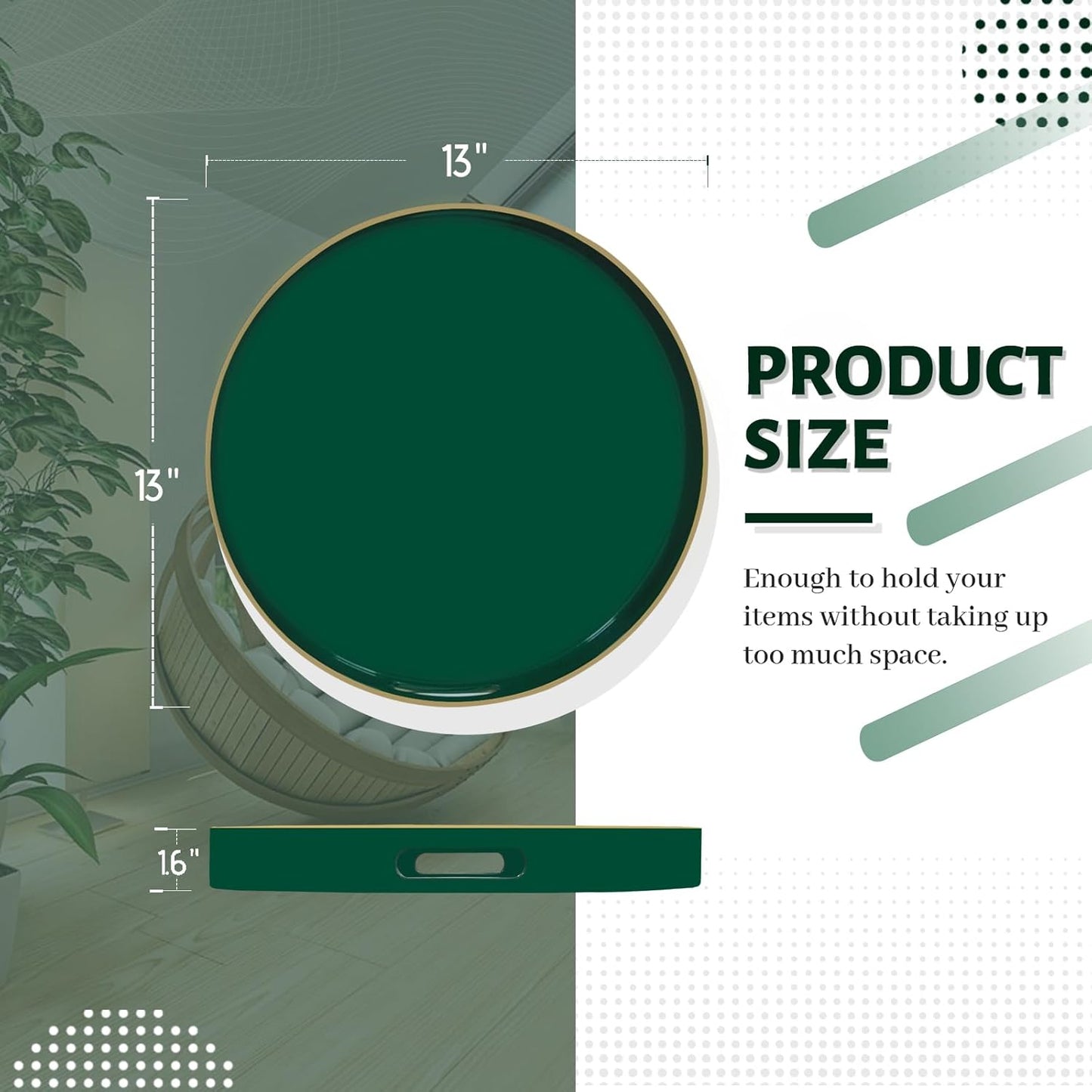 MAONAME Dark Green Decorative Tray, 13" Round Serving Tray with Handles, Plastic Trays for Coffee Table, Modern Ottoman Trays for Living Room, Bedroom