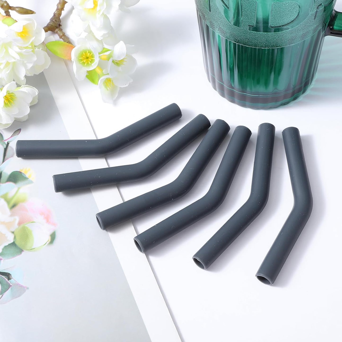 6PCS Silicone Straw Tips Reusable Rubber Straw Covers Replacement Flexible Food Grade Silicone Straw Elbows Tips Extender for 8mm 5/16" Outer Diameter Metal Stainless Steel Straws Accessories(Black)