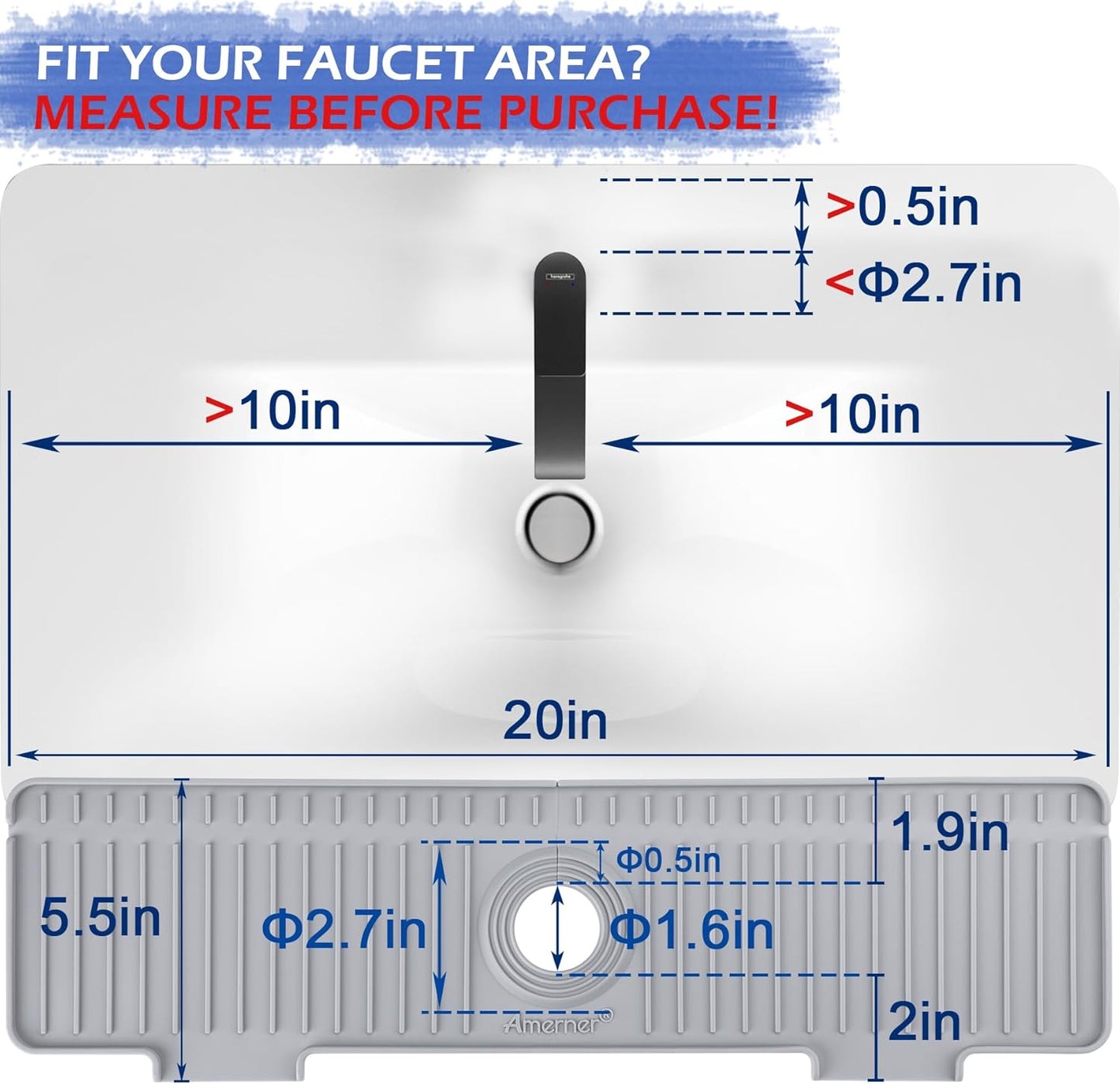 20 inch Kitchen Sink Splash Guard, 10° Large Slope & Adaptable Hole Faucet Mat for Kitchen Sink, Silicone Sink Organizer Sponge Holder for Kitchen, Bathroom, RV, Bar, 20” x 5.5”, Gray