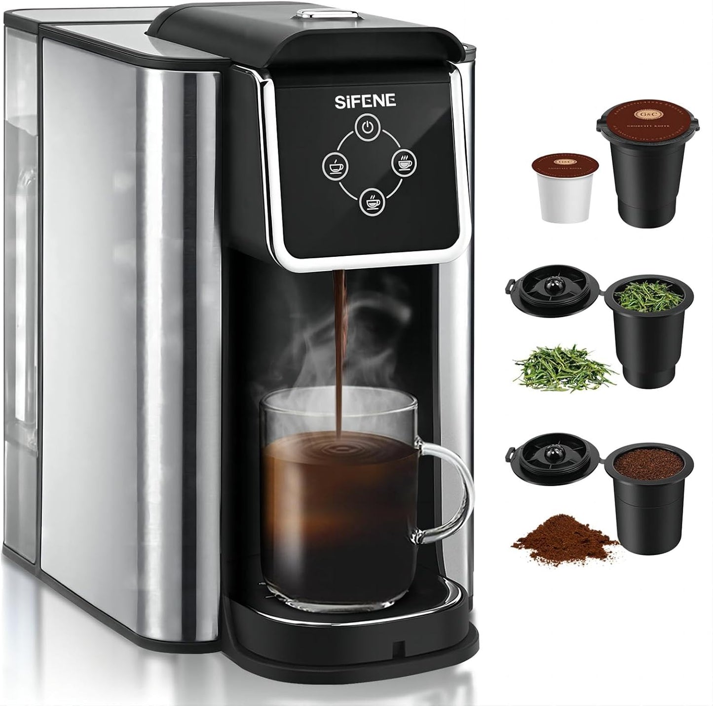 SIFENE Single Serve Coffee Maker, 3-in-1 Quick Brew for Coffee Pods, Ground Coffee, & Loose Tea, 6-12oz Cup Sizes, 50oz Removable Water Tank, 1150W, Compact, Black