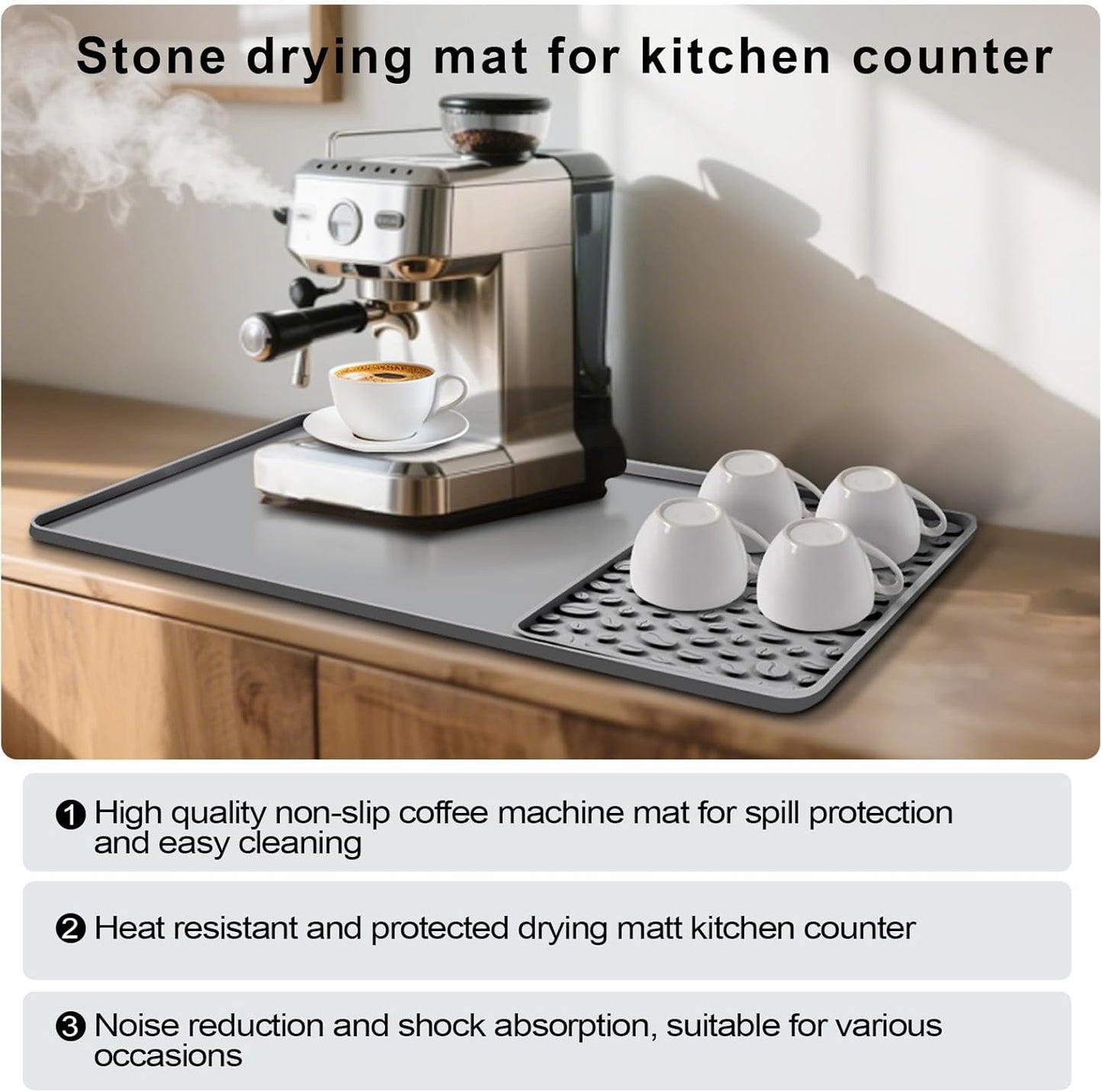 Silicone Coffee Bar Mat 24''x16'' Non-Slip Coffee Maker Mat, Heat-resistant Silicone Mat Detachable Dish Drying Mats for Kitchen Countertops, Waterproof Under Pad (Grey, 24''x16'')